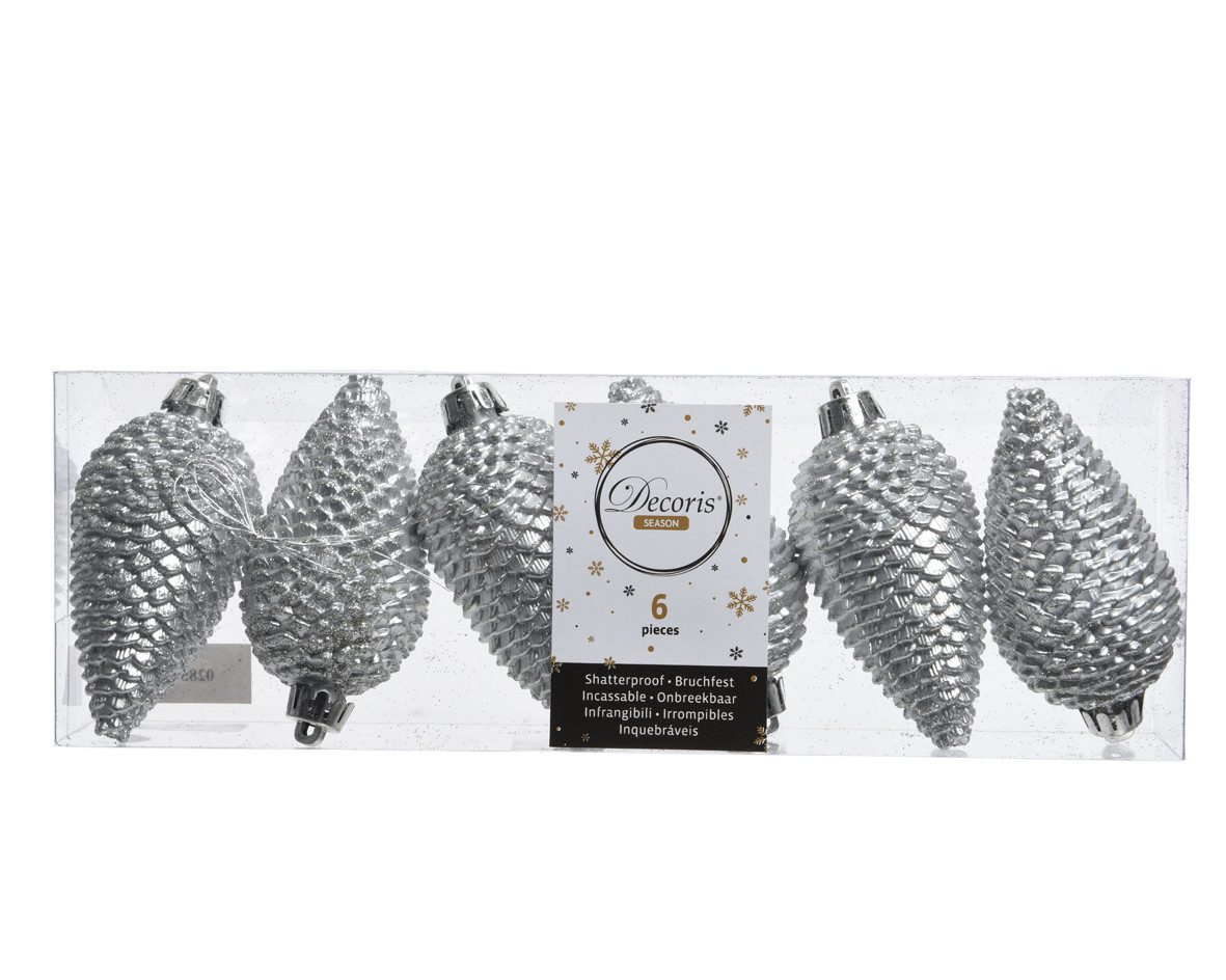Kaemingk Christbaumschmuck, Christbaumschmuck Zapfen 8cm Kunststoff 6 Stück - Silber