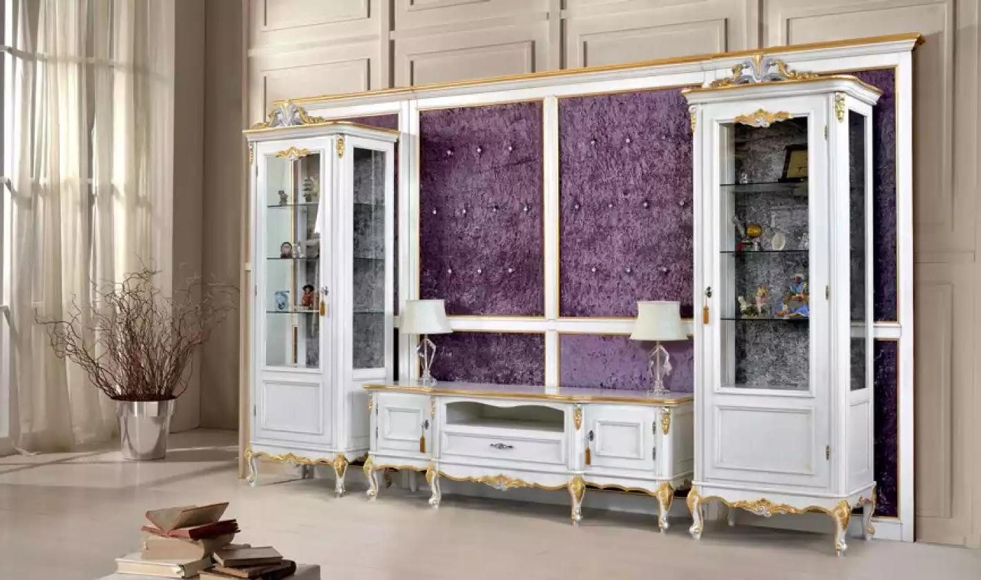 Xlmoebel Wohnwand Klassische Wohnwand in Weiß mit TV-Ständer und Vitrinen aus Holz, (3-St., Set 3tlg. Wohnwand (TV-Ständer + 2x Vitrine), Hergestellt in Europa