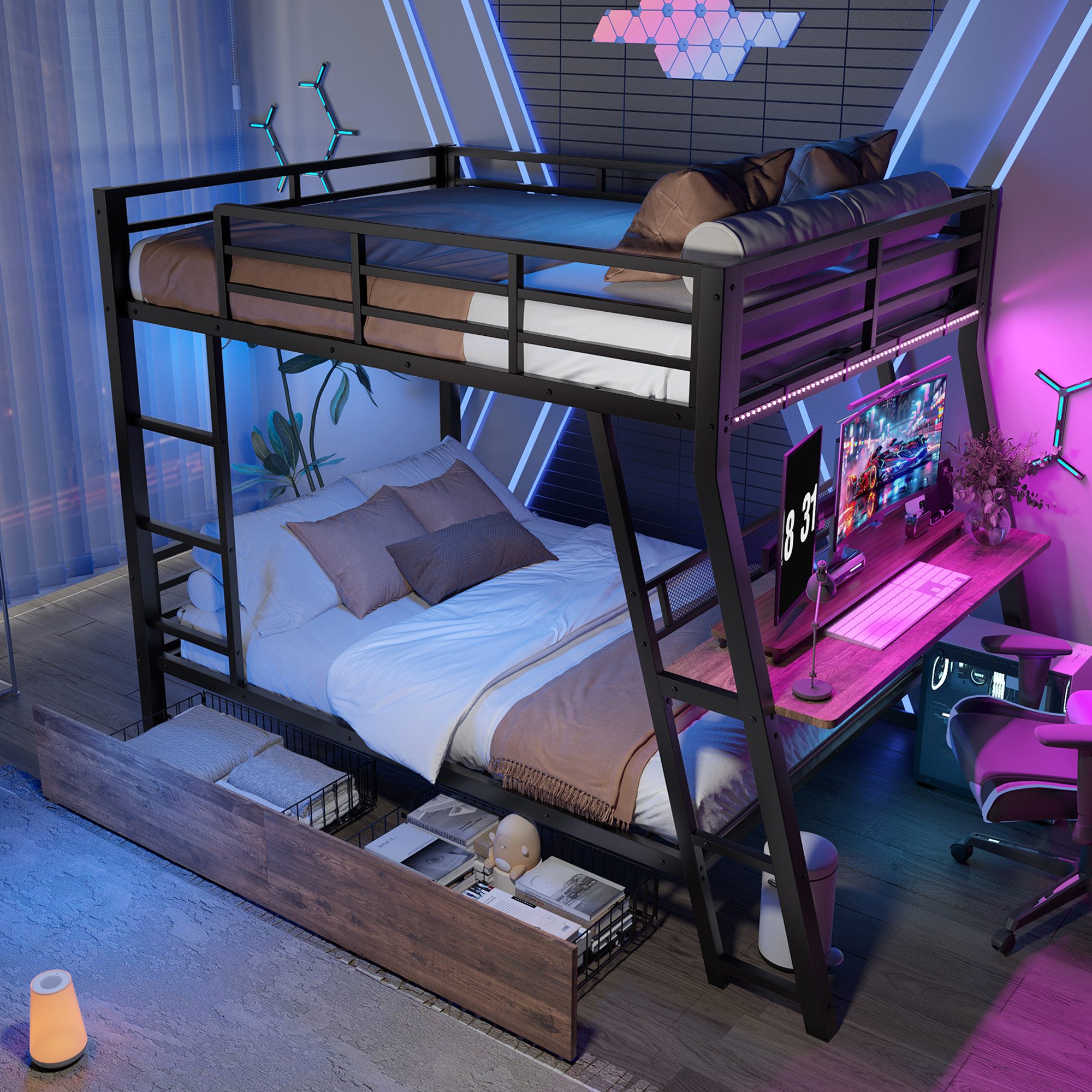 Merax Etagenbett mit LED-Beleuchtung (1-St), Metallbett Hochbett 140x200cm mit Schreibtisch Schubladen und Geländer
