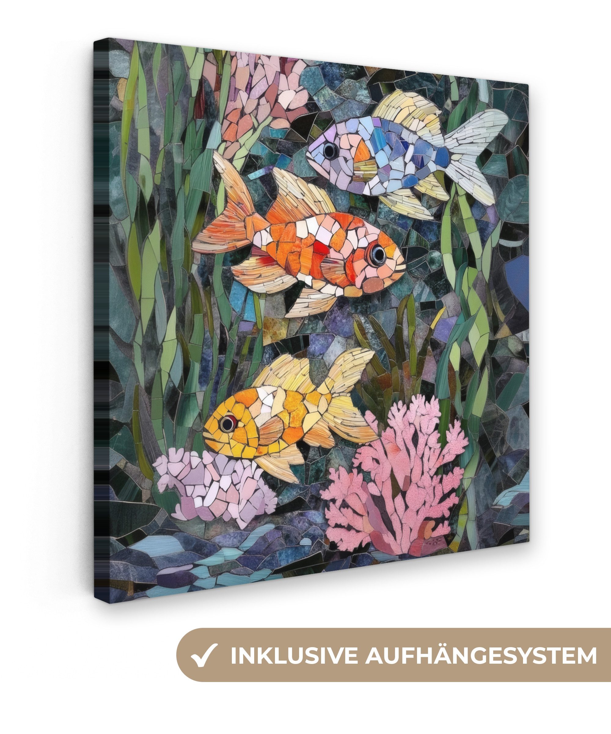 OneMillionCanvasses® Leinwandbild Fisch - Koralle - Meer - Mosaik, Fotodruck (1 St), Wandbild, Deko Schlafzimmer Wohnzimmer Flur 20x20 cm