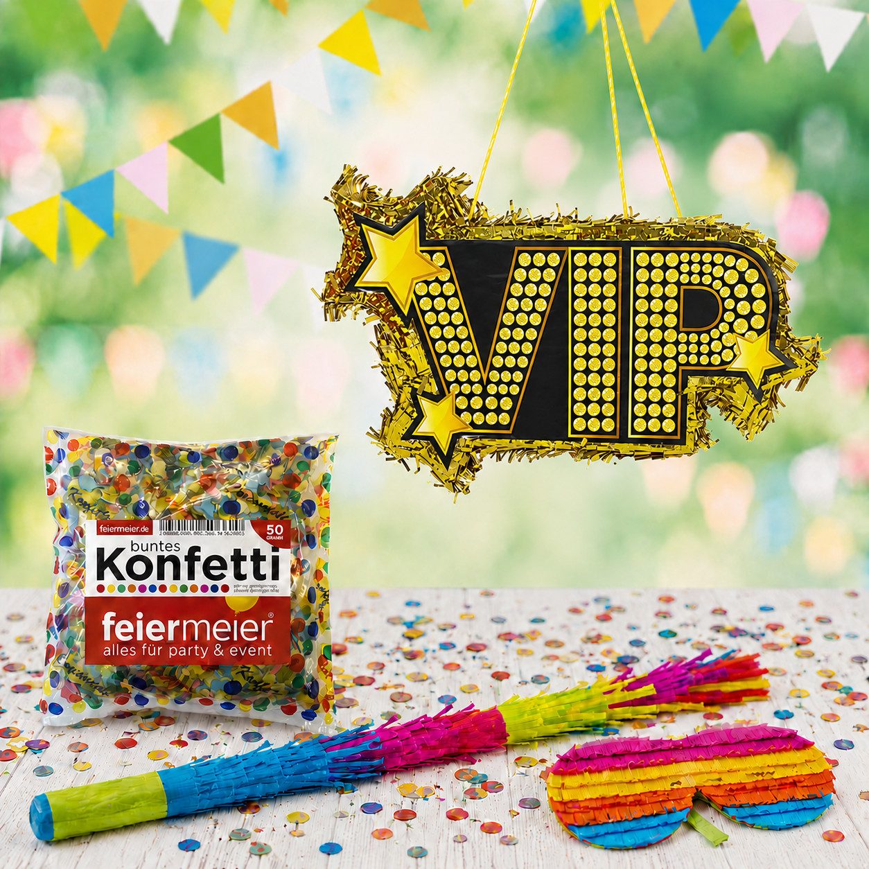 feiermeier Pinata Pinata-Set, 4-tlg. mit Augenmaske, Schlagstock un