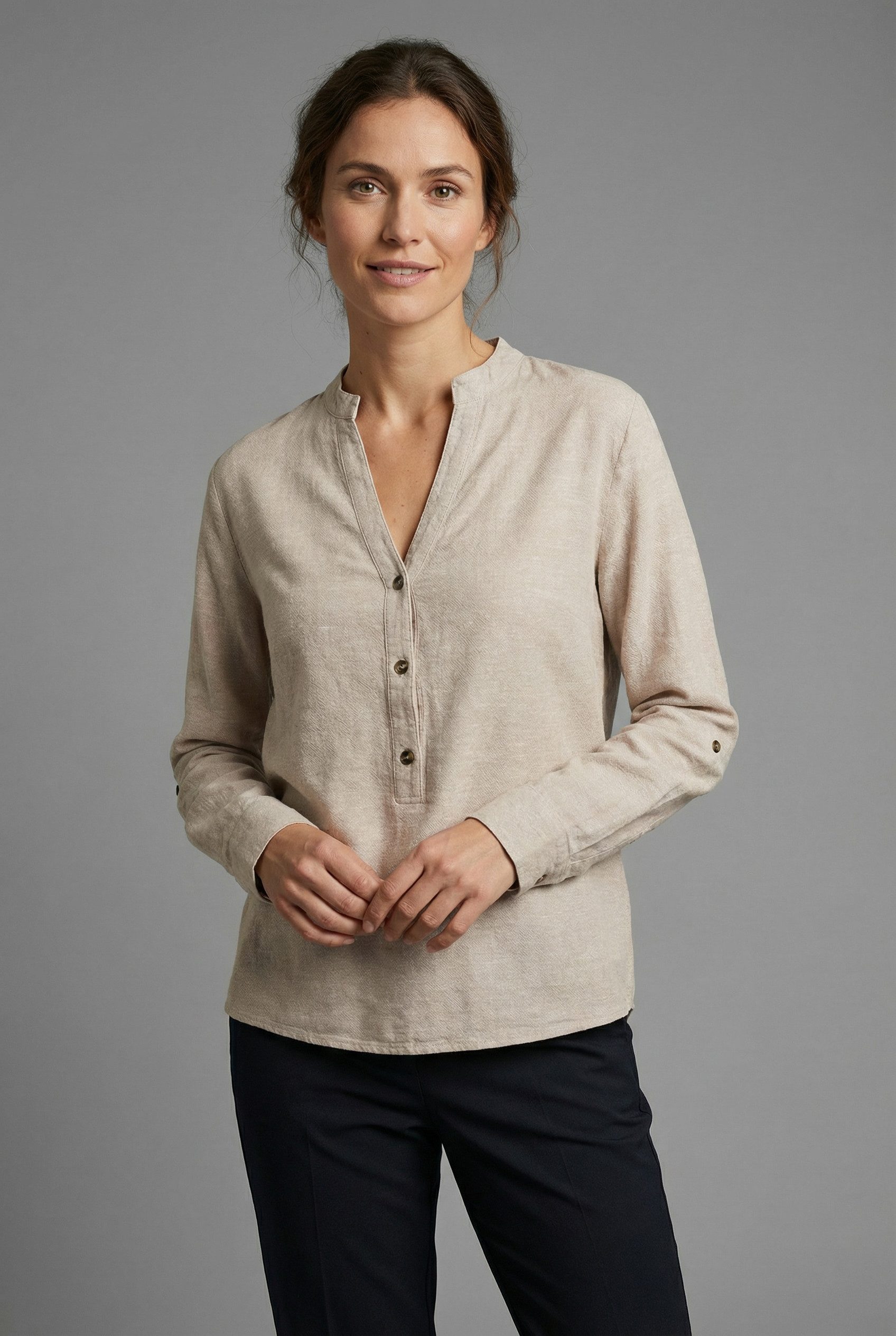 FREEQUENT Langarmbluse FQLAVA-SHIRT Leinenmix, mit V-Ausschnitt geschlitzt