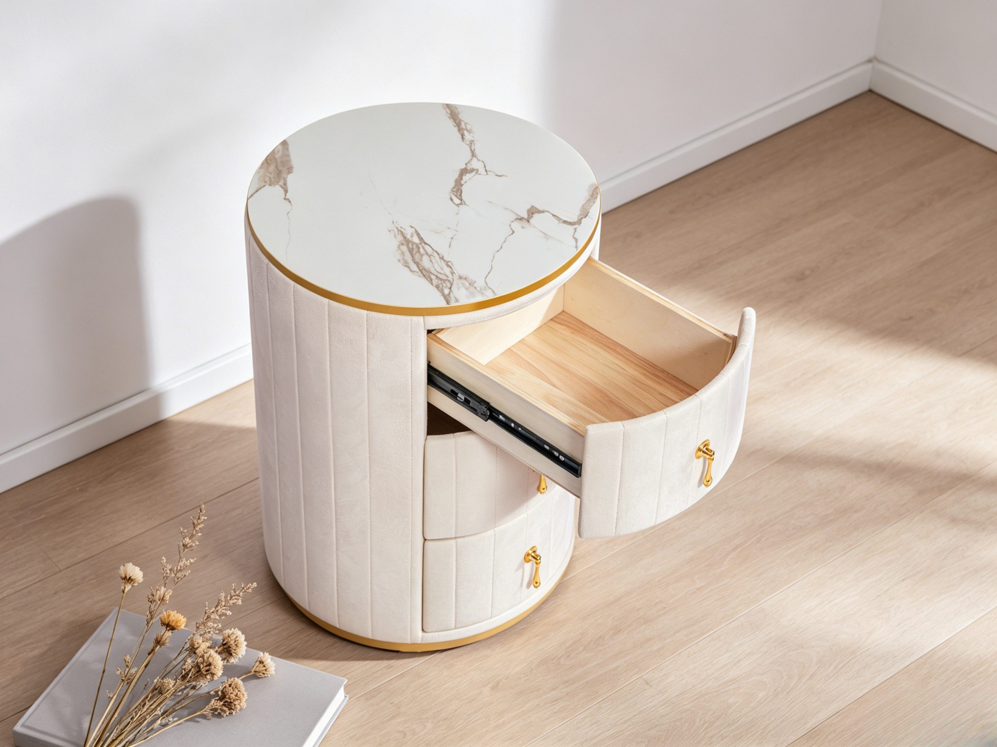 WILLIAMSPACE Nachttisch LUXOR NACHttisch – Ø40cm, Samt, Marmor, Gold, Samtbezug, Marmoroptik,Goldbeschläge