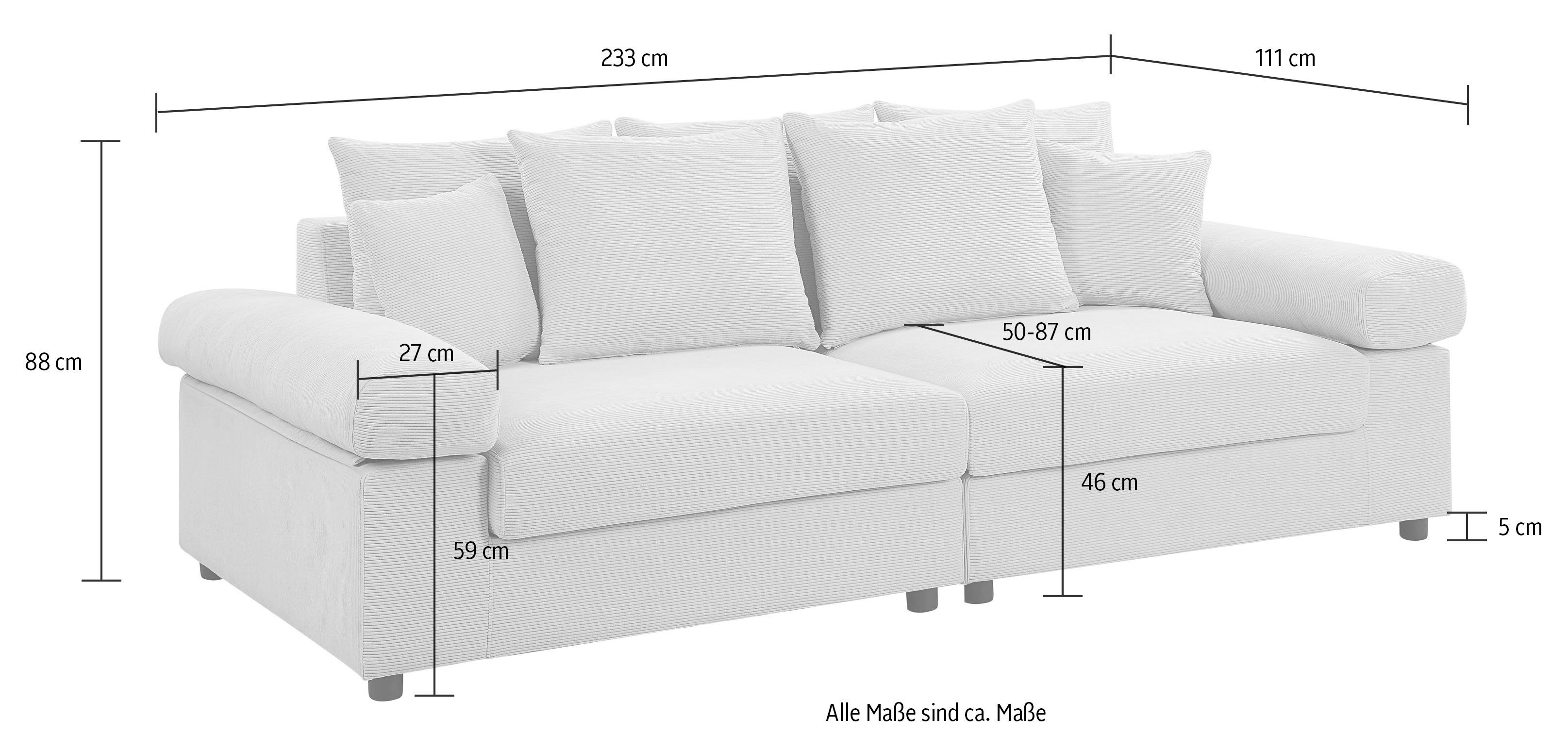mit home stellbar frei im XXL-Sitzfläche, Bjoern, Big-Sofa collection grau ATLANTIC Raum mit Cord-Bezug, Federkern,
