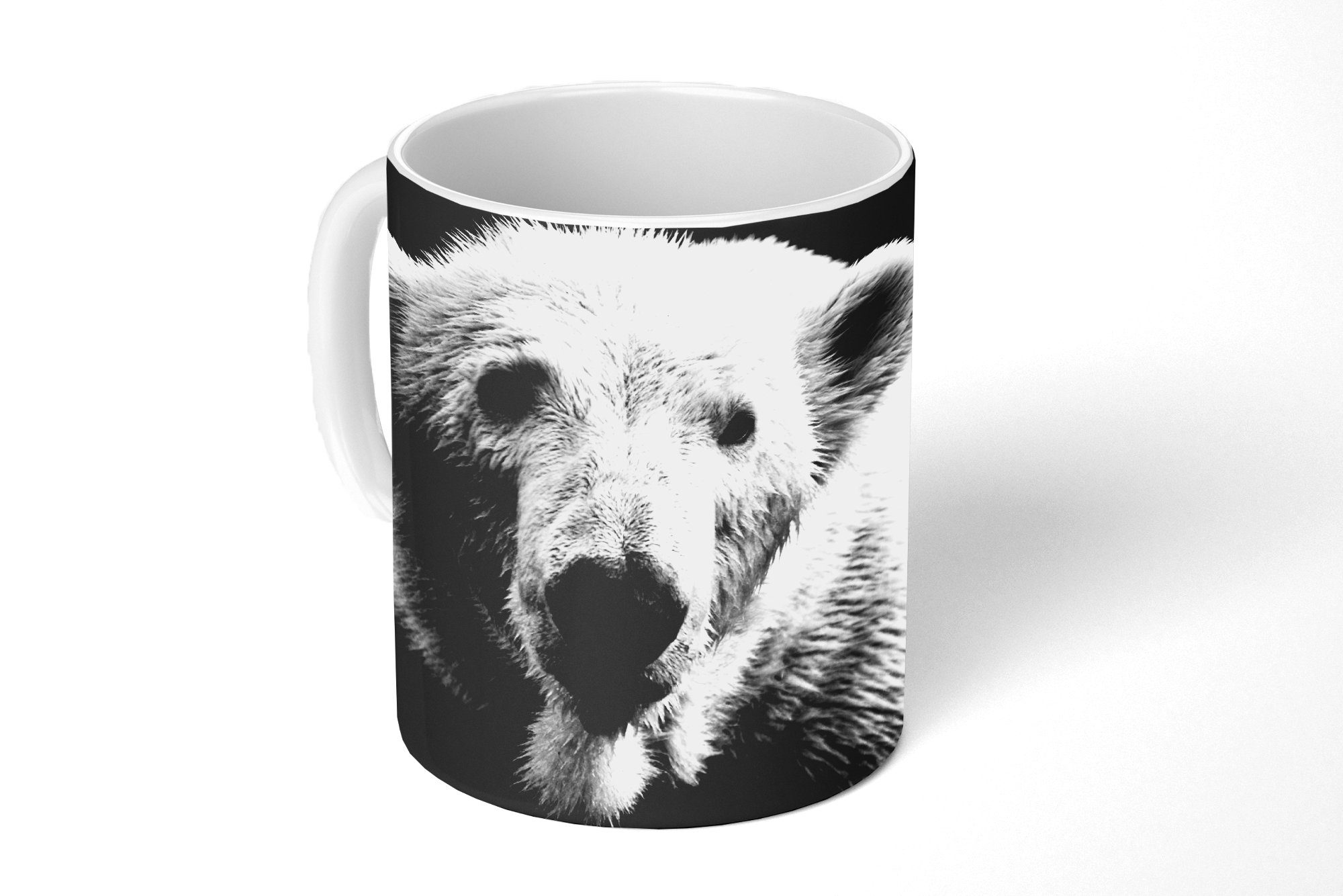 MuchoWow Tasse Porträt Eisbär auf schwarzem Hintergrund in schwarz und weiß, Keramik, Kaffeetassen, Teetasse, Becher, Teetasse, Geschenk | Tassen
