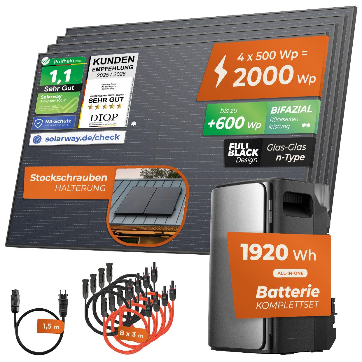 Solarway Balkonkraftwerk 2000Wp / 800W mit 1,9kWh EcoFlow Speicher komplett Steckdose, 2000 W, Monokristallin, Steckdose - 1,9 kWh EcoFlow Stream Ultra - Solaranlage Komplettset -