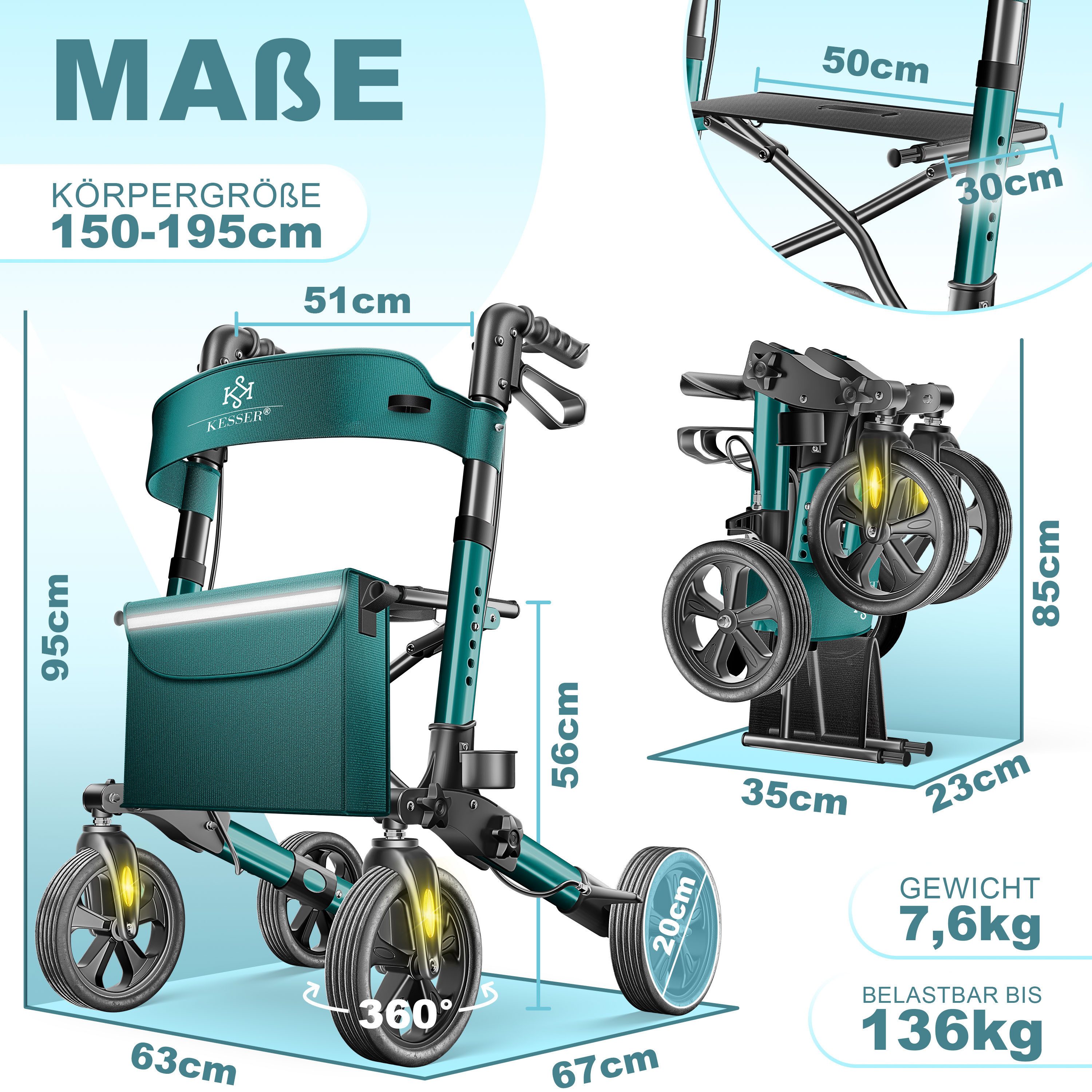 KESSER Rollator Aluminium – faltbar, höhenverstellbar & bis 136 kg belastbar, wetterbeständig, Tasche, Stockhalter, Reflektoren, 360° Gelände Reifen