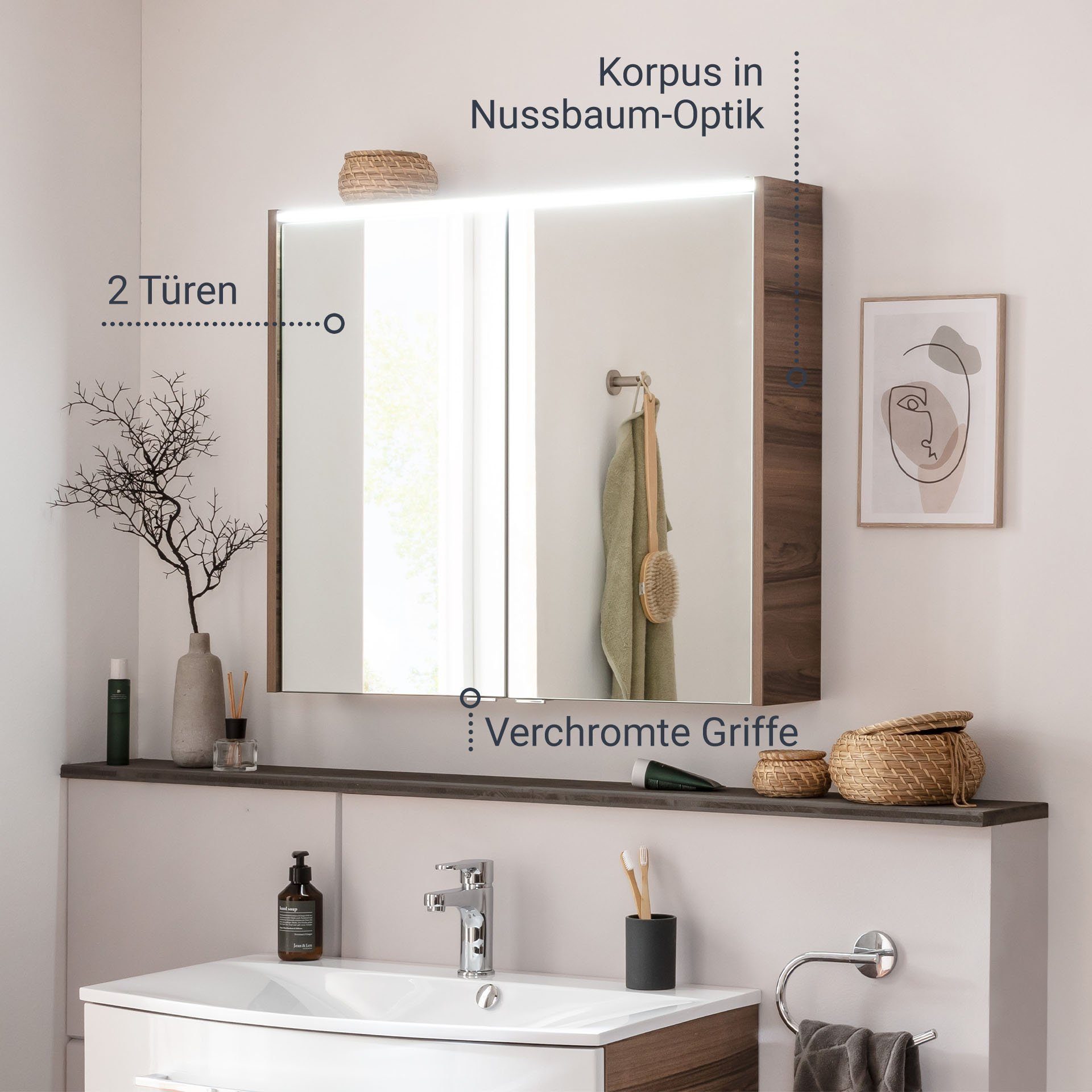 FACKELMANN Badezimmerspiegelschrank Verona Braun vormontiert, – hängend LED-Spiegelschrank