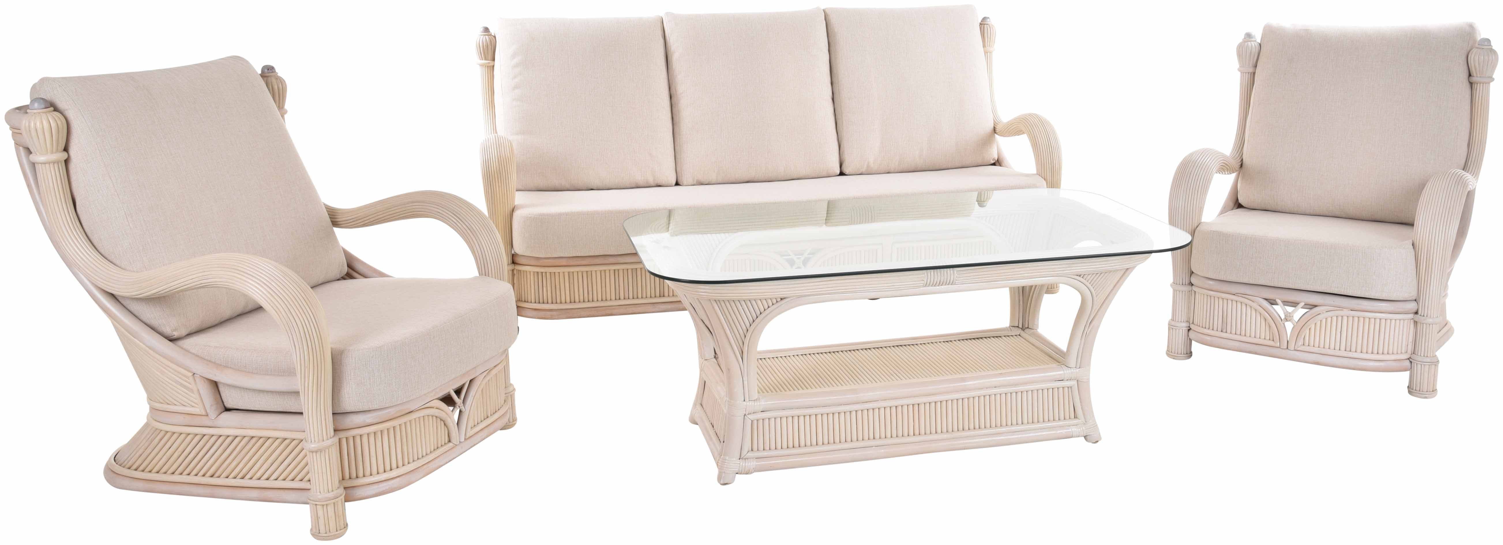 Krines Home Sitzgruppe Set/4 Edle Rattangarnitur Prince Wintergarten Garnitur Wohnzimmerset, (4-tlg., 2x Sessel, 1x Dreisitzer, 1x Tisch mit Glasplatte), Rattanset Rattanmöbel