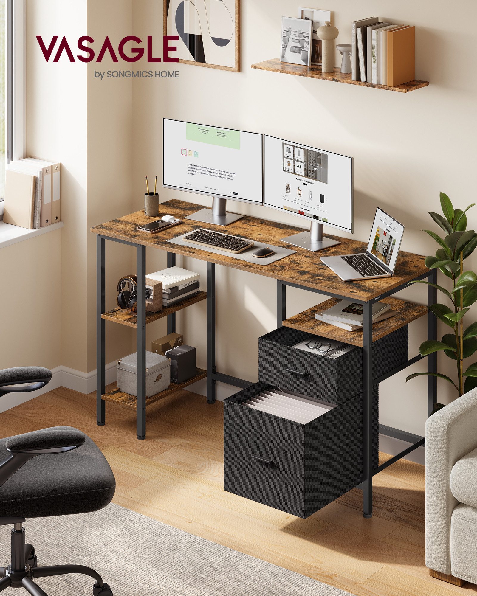 VASAGLE Schreibtisch Computertisch, Bürotisch, mit 3 Ablagen, 2 Schubladen, 127 cm, fürs Büro, Wohnzimmer, moderner Stil