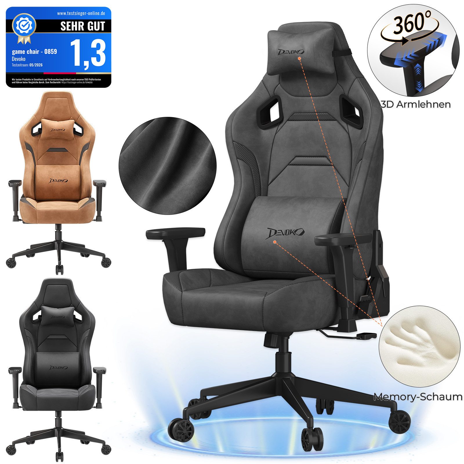 Devoko Gaming-Stuhl Luxuriöser Wildlederimitat,Ergonomisch & Großzügigem Sitz,Bürostuhl, Verstellbare Rückenlehne 90°–135°,3D-verstellbare Armlehnen