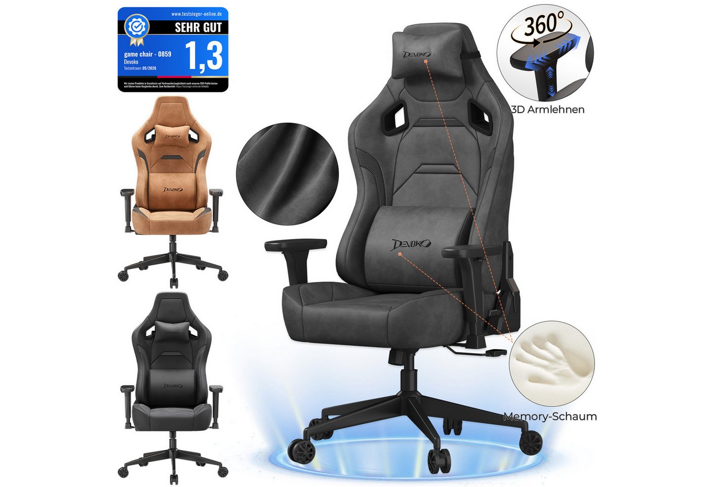 Devoko Gaming-Stuhl Luxuriöser Wildlederimitat,Großzügigem Sitz,gaming stuhl 200kg, Verstellbare Rückenlehne 90°–135°,3D-verstellbare Armlehnen