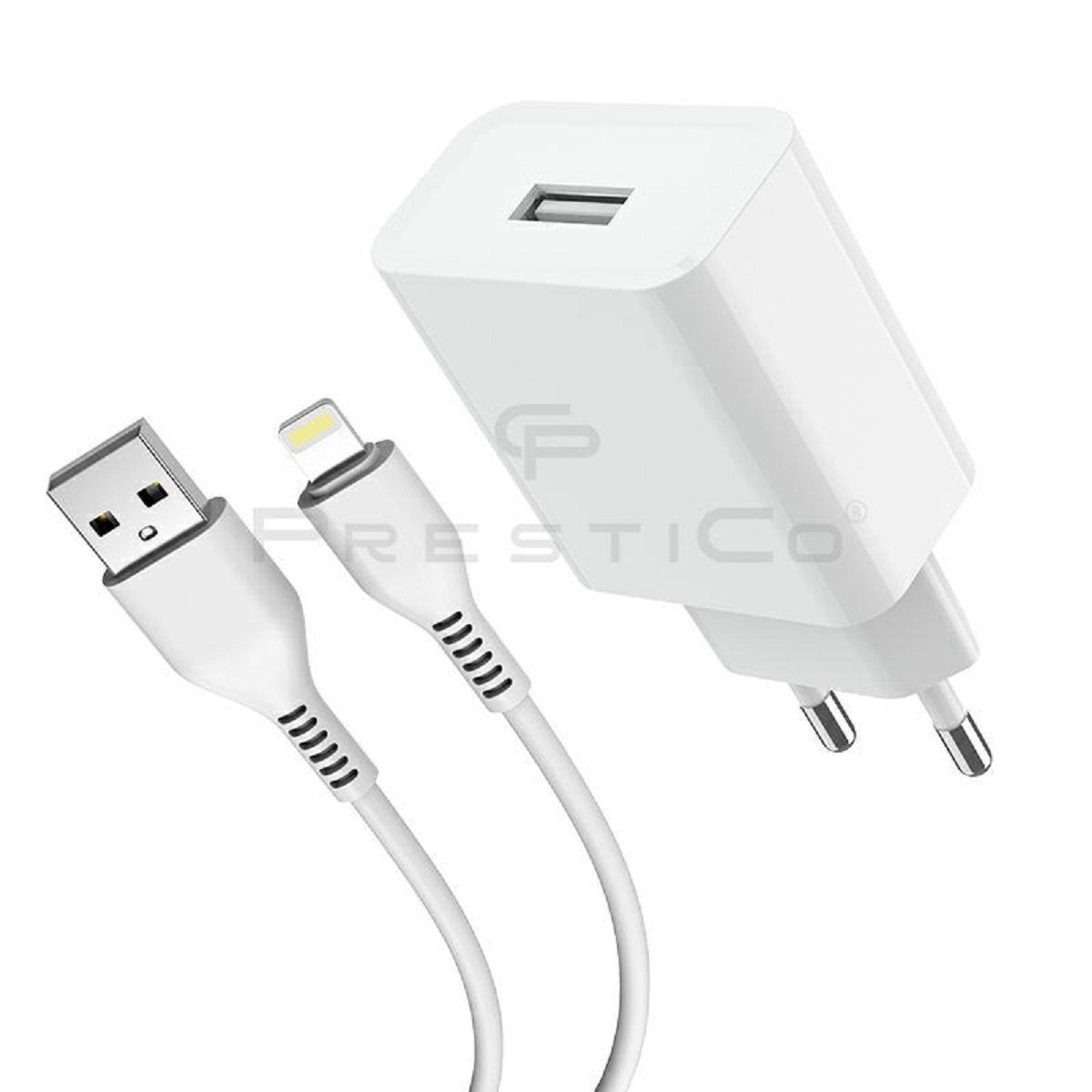 PrestiCo F6S​ Schnell Ladegerät + Ladekabel​ 1xUSB+LIGHTNING​ 2​.​1A​ white Smartphone-Kabel, Lightning, USB-A (100 cm), Schnellladefunktion 2​.​1A