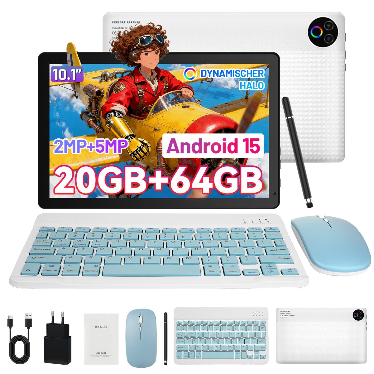 Happybe 10’’ HD Android 15, 20(3+17)GB RAM, 64GB, WiFi6 mit Tastatur und Stift Tablet (10", 64 GB, Android, WiFi6, Großbs Display Tablet mit Stift, Tastatur und Maus, Widevine L1)