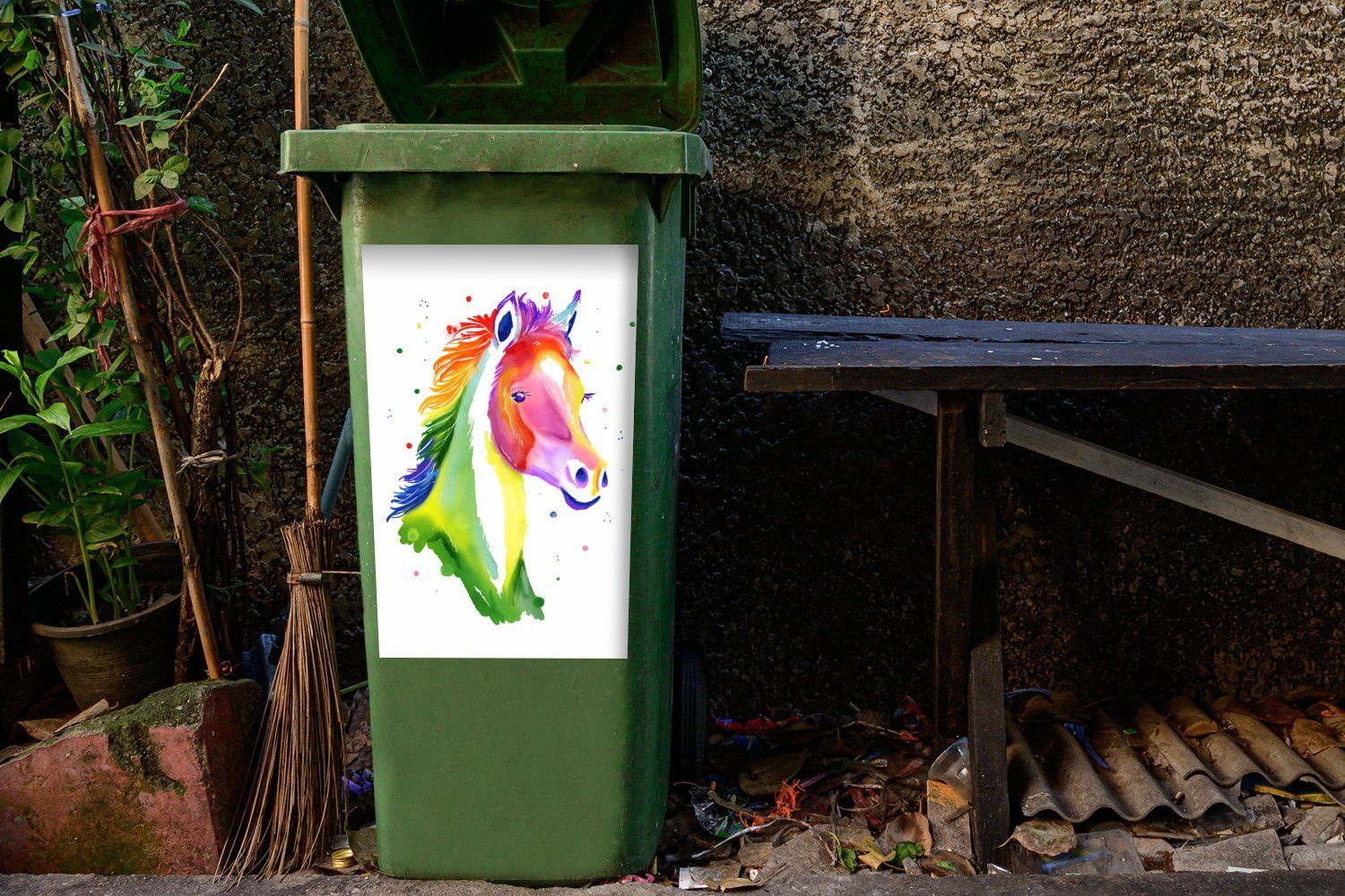 (1 MuchoWow - Mülltonne, - Abfalbehälter Container, - - Wandsticker Mädchen Weiß St), Mädchen Pferd Mülleimer-aufkleber, Sticker, Regenbogen - Kinder