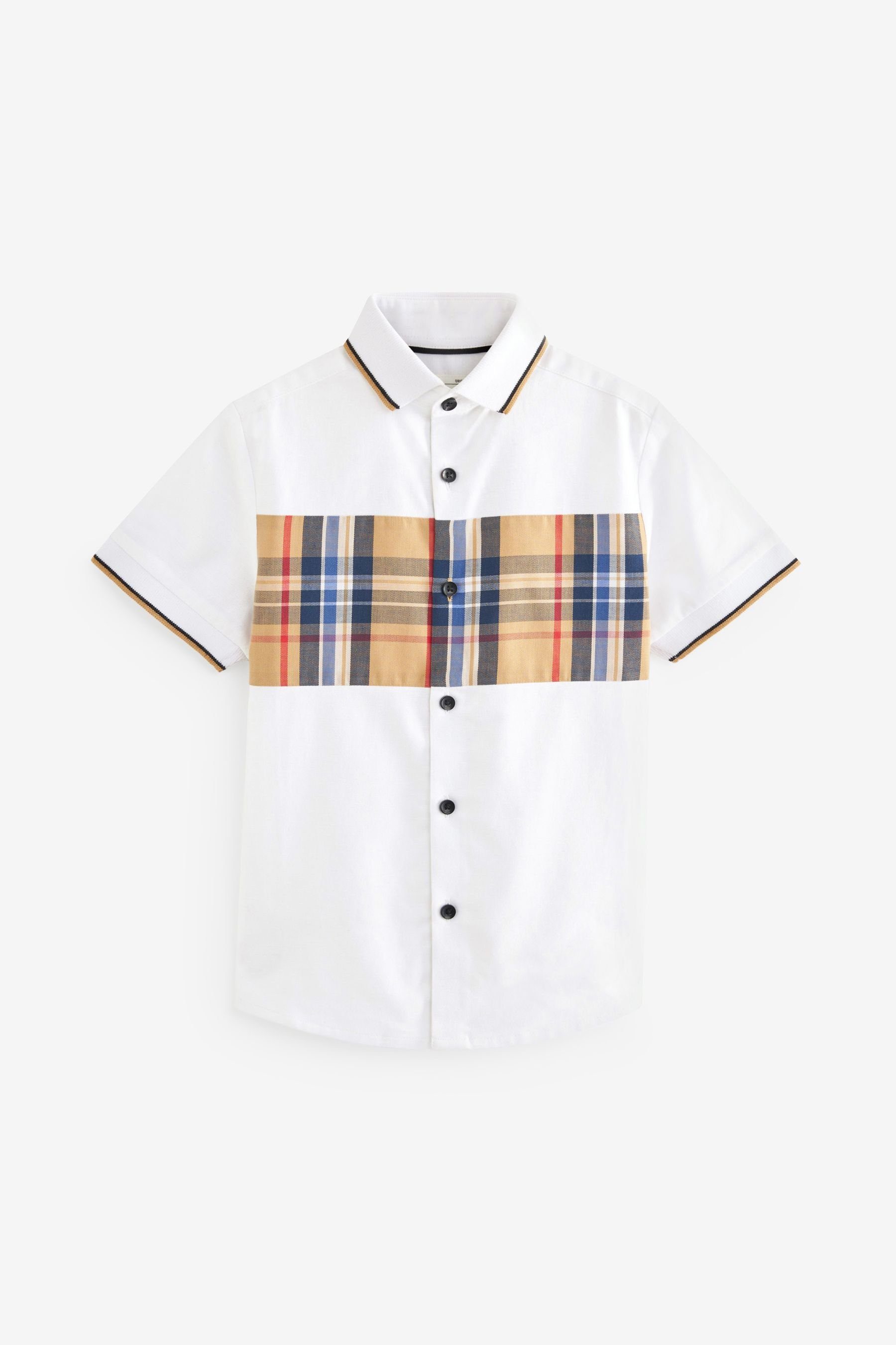 Next Kurzarmhemd Kurzärmeliges Hemd mit Blockfarben (1-tlg) White & Tan Brown Check