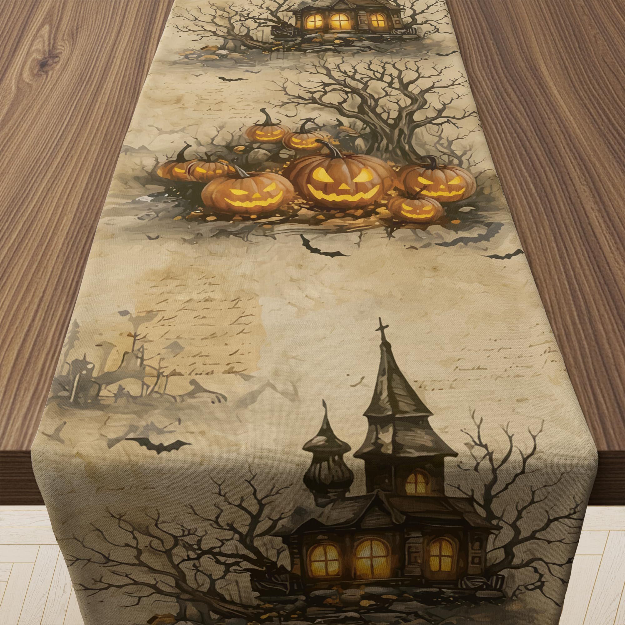 Sorvyzxn Tischläufer Halloween Tischläufer, Kürbis-Schloss Tischdeko für Halloween, Festliche Tischdekoration für Küche, Esszimmer & Zuhause