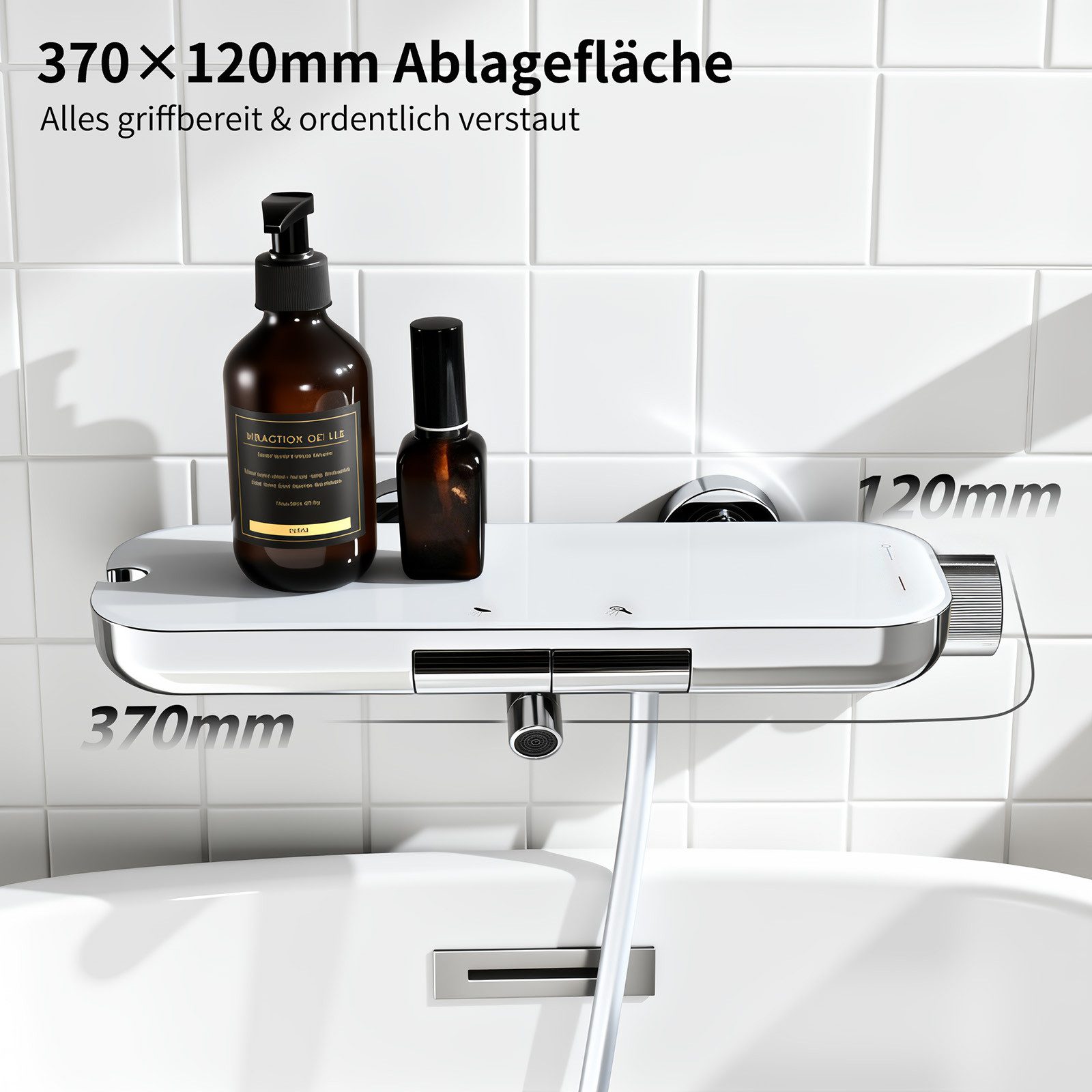 HOMELODY Brausegarnitur Badewannenarmatur mit Ablage 370 mm und 3-Funktions-Handbrause, 2 Strahlart(en), Set, 1 tlg., 2-Wege Umschaltung, schwenkbarer Auslauf, PVC-Schlauch 1500 mm