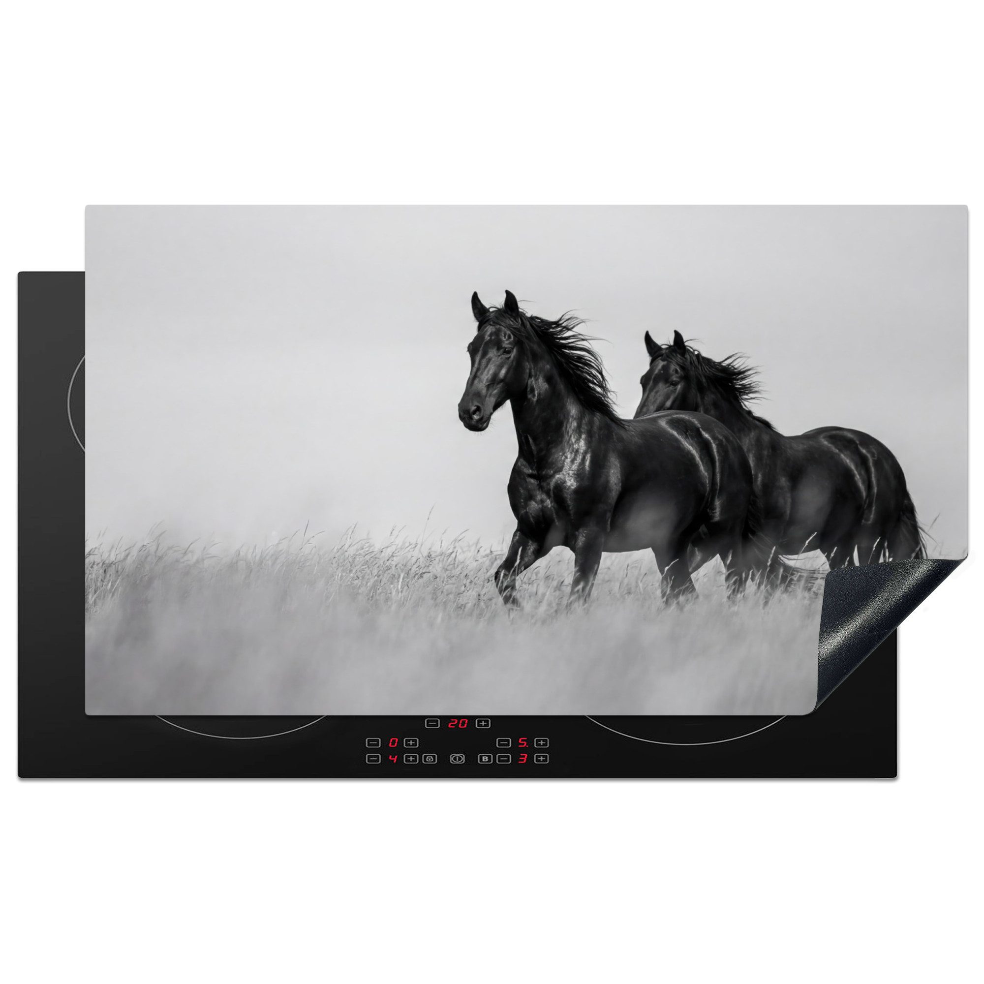 MuchoWow Herd-Abdeckplatte Pferde - Gras - Schwarz - Weiß, Vinyl, (1 tlg), Herdabdeckplatten für Ceranfeld, Induktionsschutz, 90x52 cm