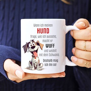 Cadouri Tasse DESHALB MAG ICH IHN SO Tasse mit Spruch - Kaffeetasse für Hundefreunde, Keramik, mit Hundespruch, beidseitig bedruckt, handgefertigt, Geschenk, 330 ml