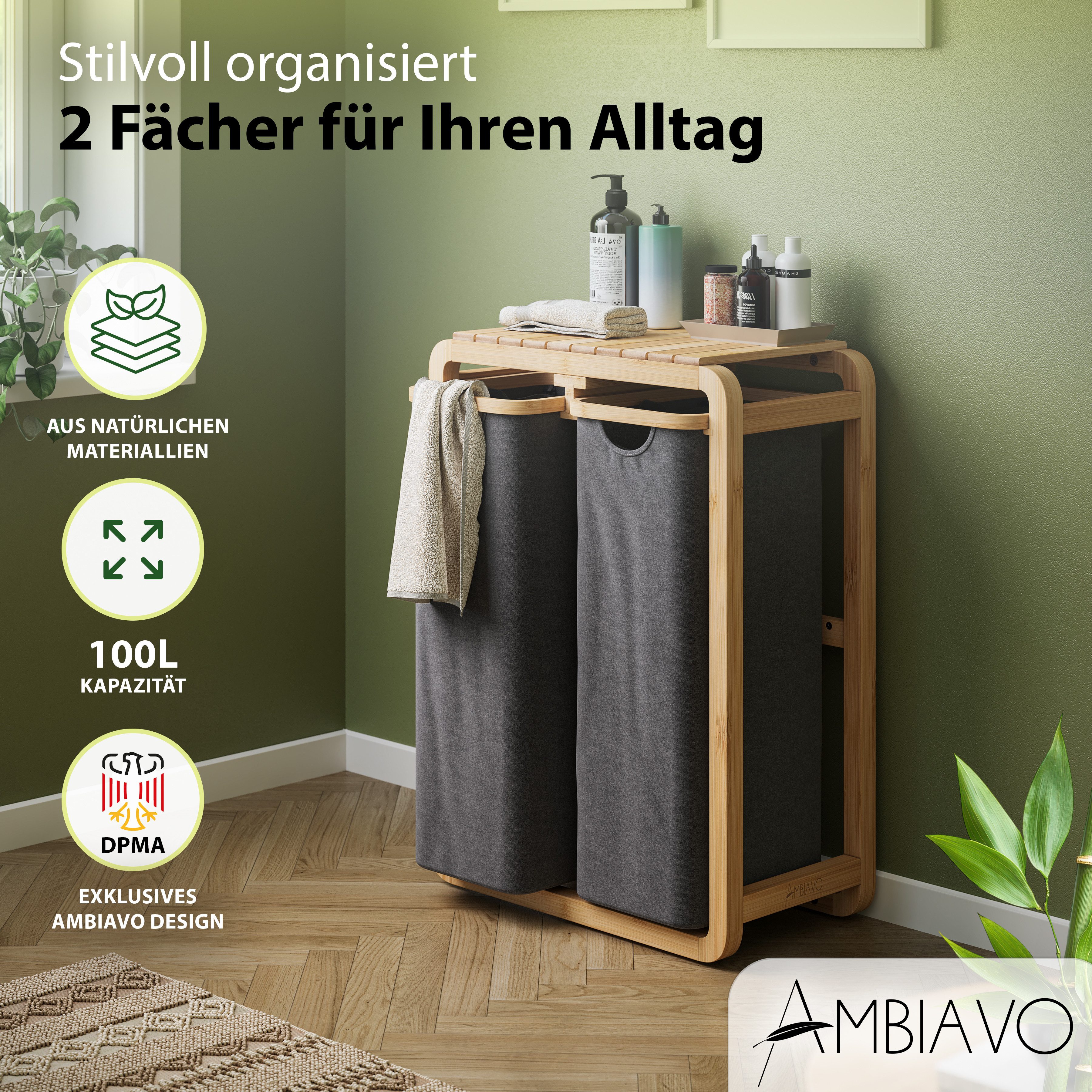 AMBIAVO Wäschekorb 2 Fächer mit waschbaren günstig online kaufen