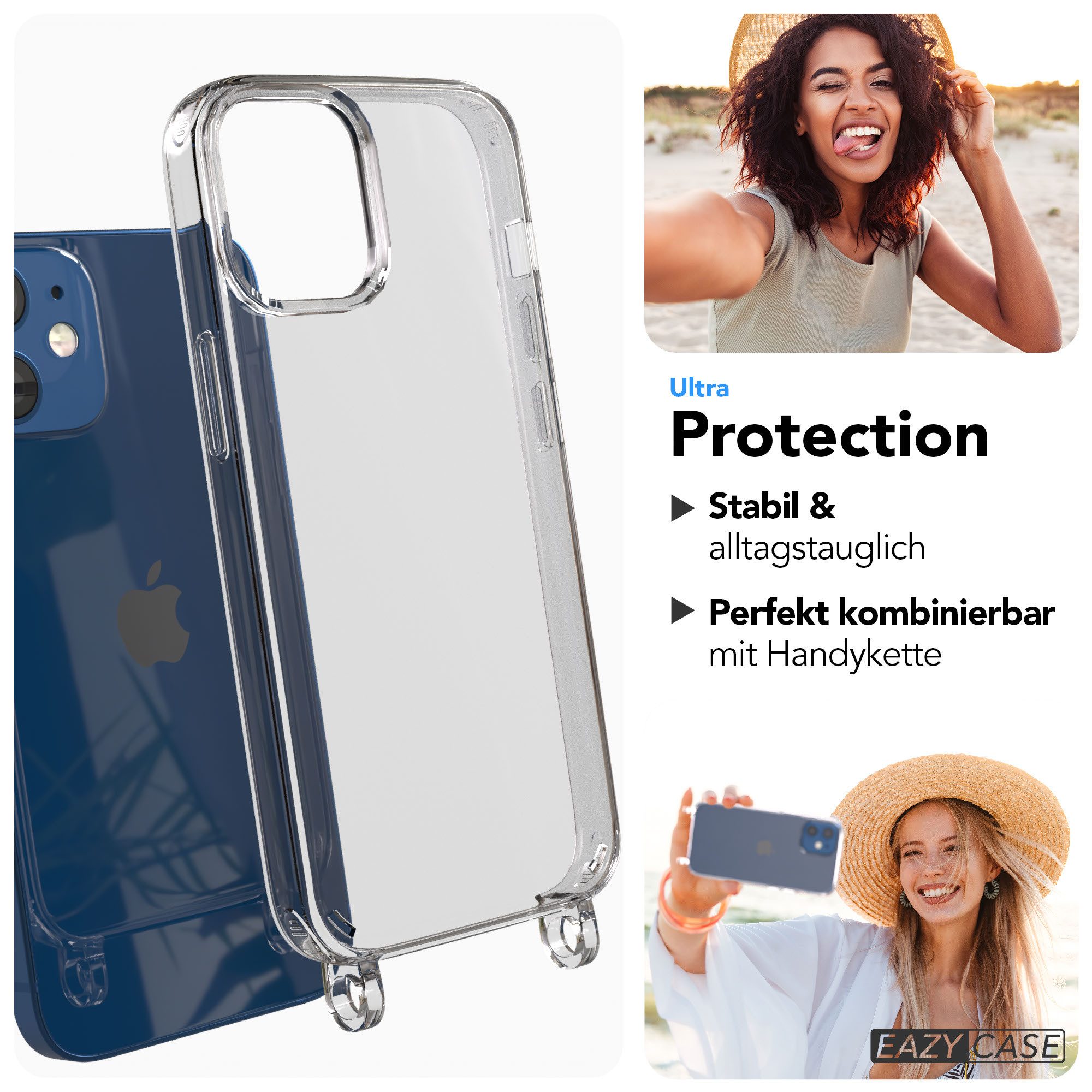 EAZY CASE Handykette Handyhülle für Handyketten mit Befestigungsösen für iPhone Modelle 5,4 Zoll, Hülle für Handykette, Transparent mit Ösen für Apple iPhone 12 Mini