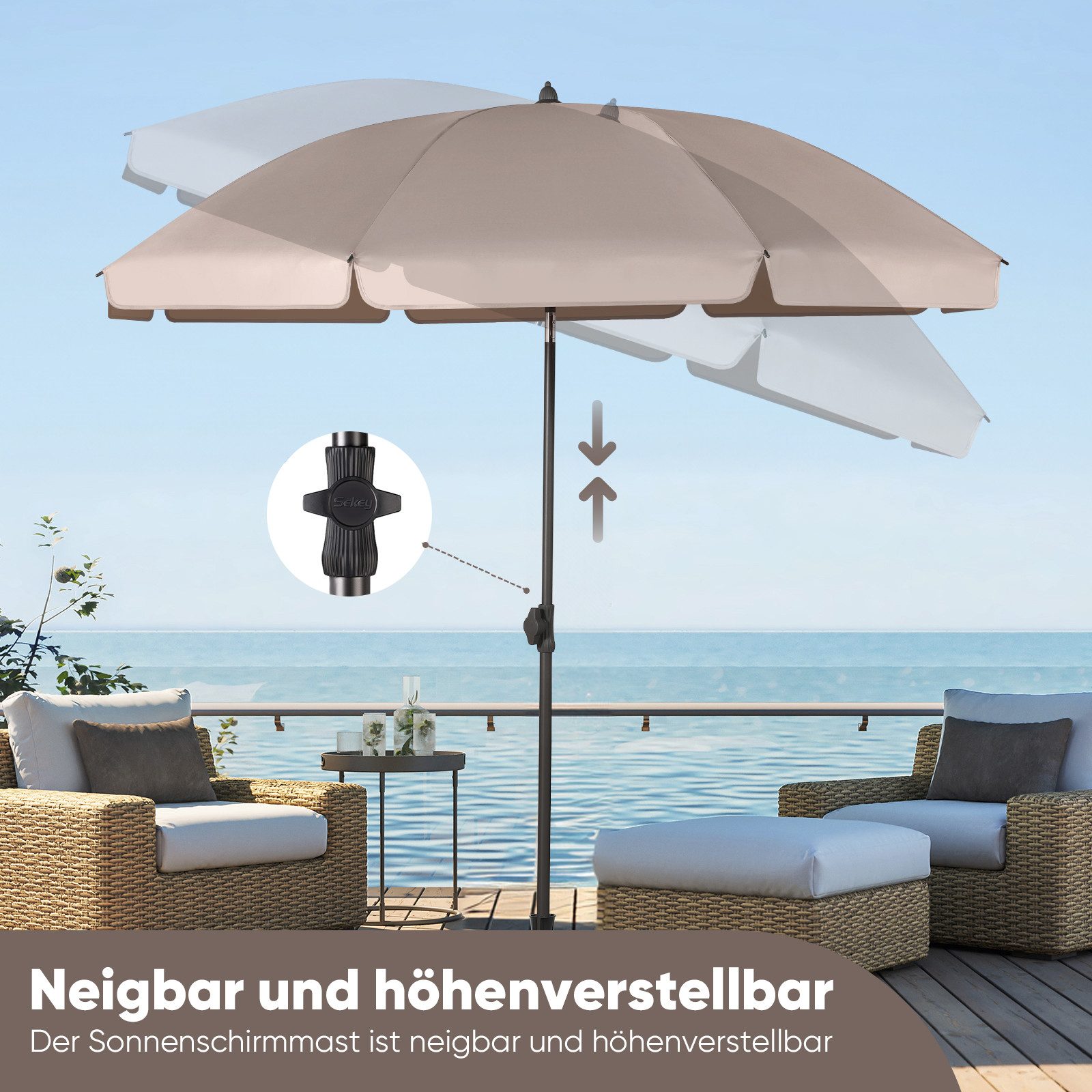 Sekey Sonnenschirm Ø180 cm Balkonschirm Terrassenschirm mit Schutzhülle und Bodenhülse, LxB: 180,00x180,00 cm, UV-Schutz 50+, höhenverstellbar, beidseitig um 30° knickbar