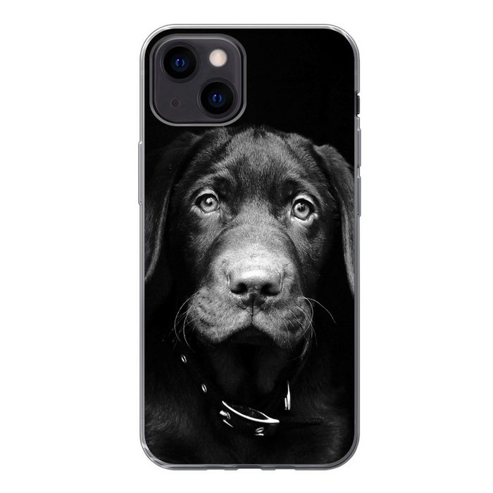 MuchoWow Handyhülle Nahaufnahme Labrador Welpe vor schwarzem Hintergrund in schwarz und Handyhülle Apple iPhone 13 Mini Smartphone-Bumper Print Handy