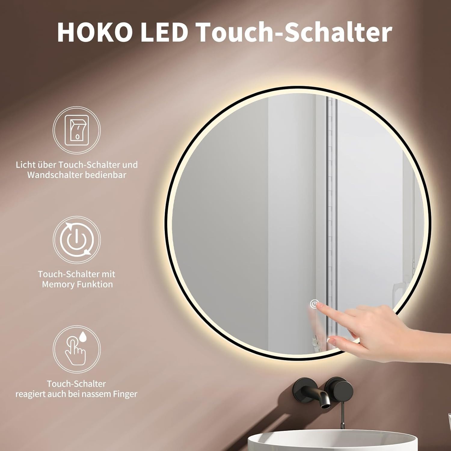 HOKO Badspiegel mit Beleuchtung, Led-Lichtspiegel rund 60cm / 80cm (Warmweiß - Kaltweiß - Neutral. Licht mit Touch Schalter und mit Wandschalter einschaltbar. Memory-Funktion.IP44, 5mm HD Glass), LED Wandspiegel, Badezimmerspiegel, Rund Spiegel