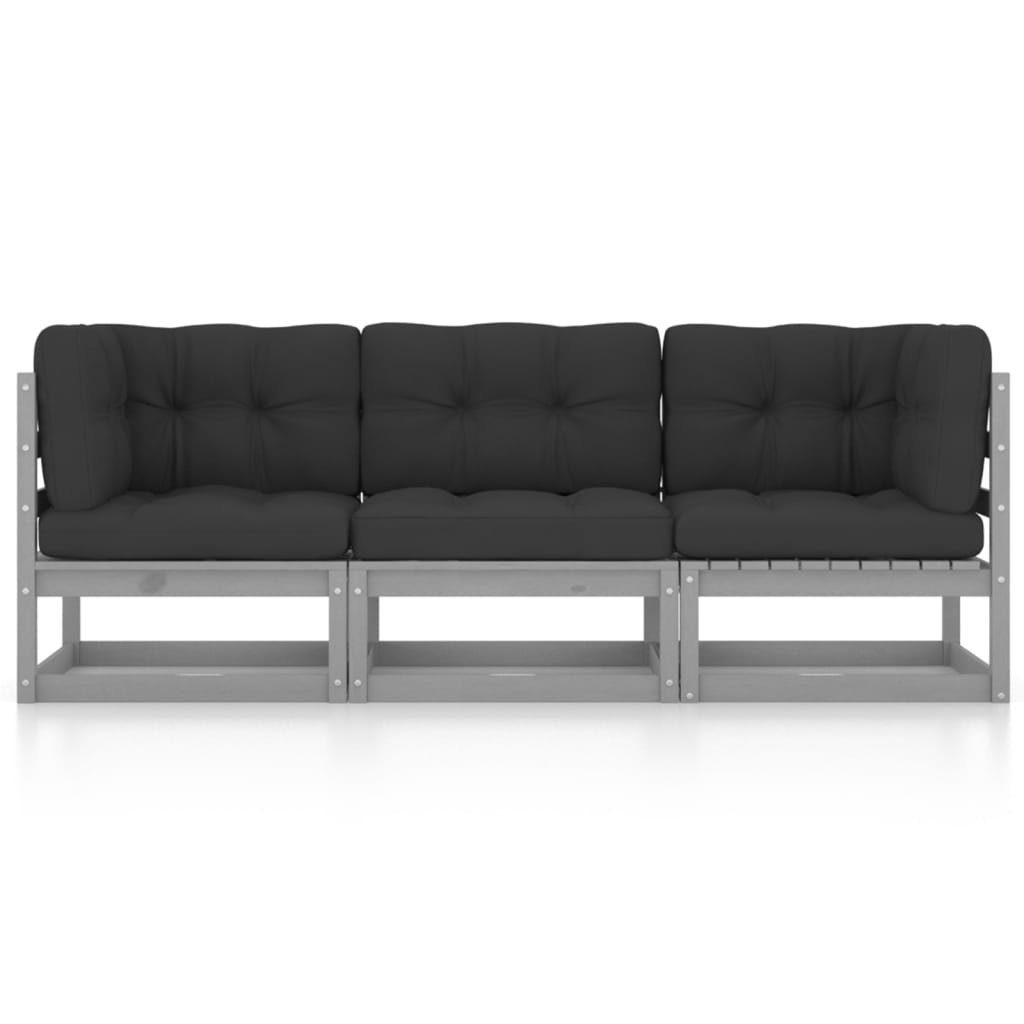 3-Sitzer-Gartensofa vidaXL mit 1 Grau Kissen Teile Massivholz, Loungesofa Kiefer