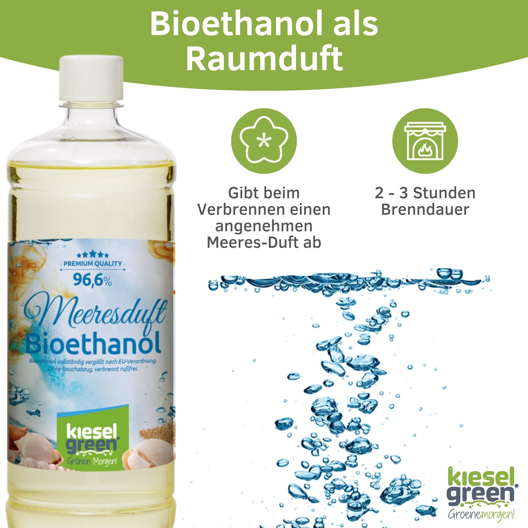 KieselGreen Bioethanol Liter 6 x Bioethanol Flasche Duft 1 mit Ethanol-Kamin Meeresduft für KieselGreen