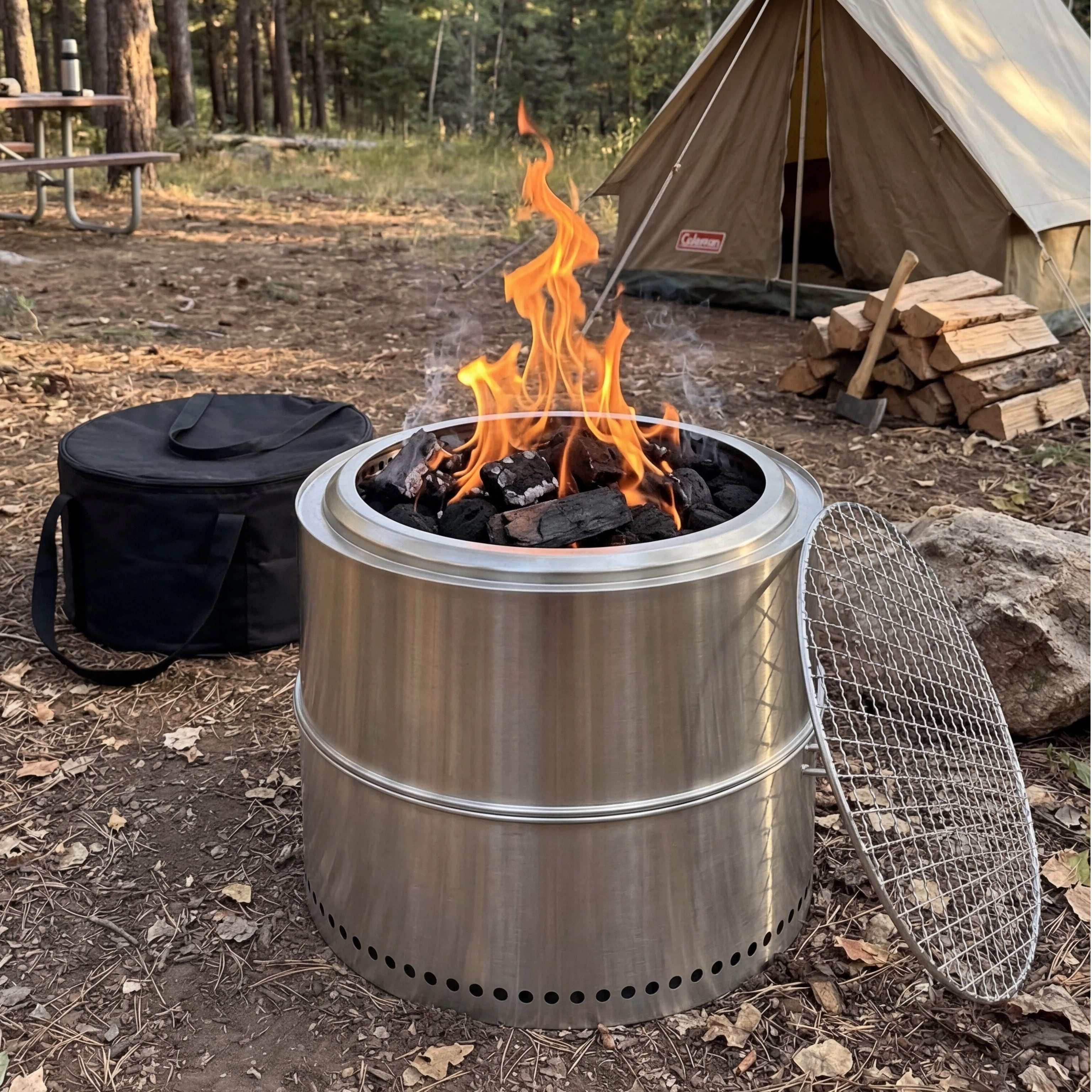 CHICFURN Feuerschale Feuerstelle aus Edelstahl für Holzfeuer und Grillen, (Packung, 1-St., Tragbarer Außenkamin mit Aschenbecher), Ø50 x 40 cm, Silber