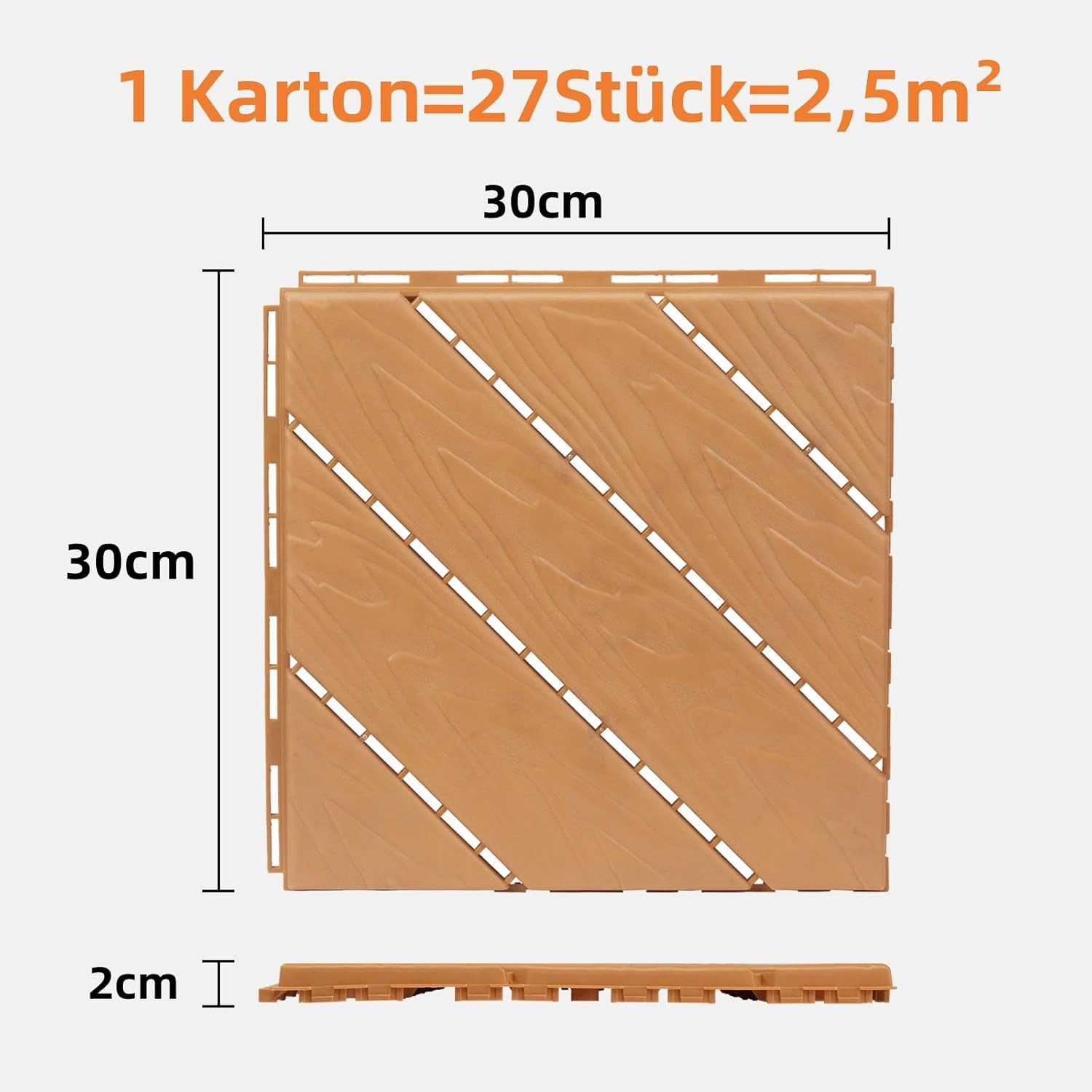 LALAHO Terrassendielen 27er Set Terrassendielen, 2,27 m², 2 mm Stärke, PE Balkon Boden rutschfest Klickfliesen, 29x29x2cm, Streifen – Bild 3 von 5