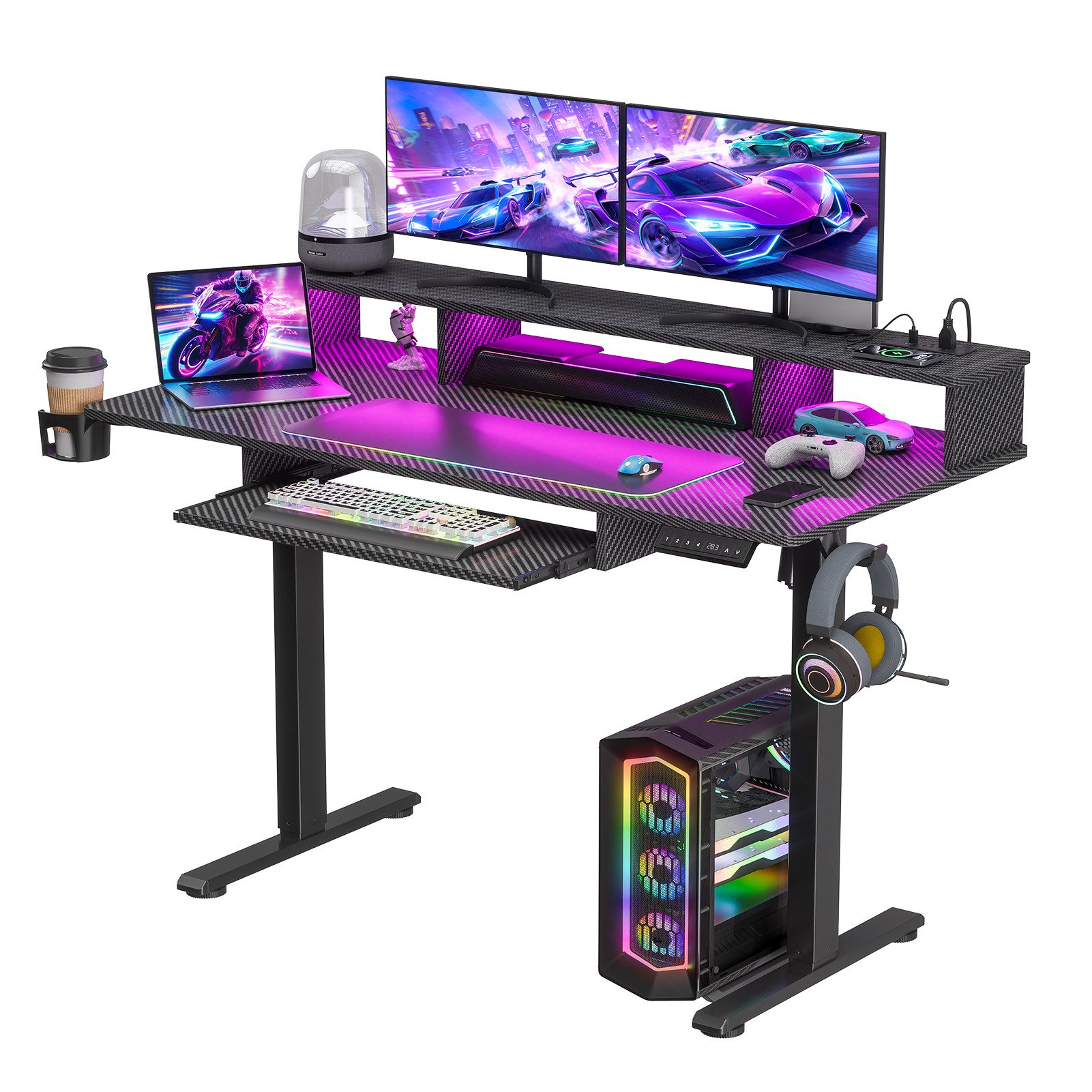 Rutaqian Schreibtischstuhl Elektrisch höhenverstellbarer Schreibtisch 122 x 61 cm, Steh-Computertisch mit Steckdosen und LED-Beleuchtung fürs Homeoffice