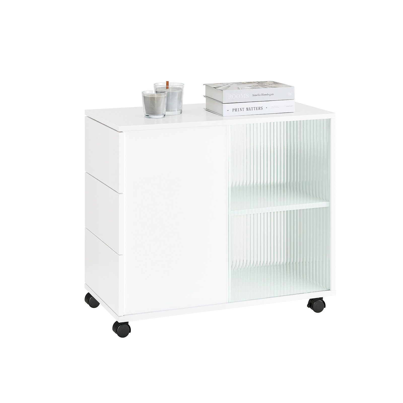 SoBuy Rollcontainer FBT141, Beistelltisch Sideboard, Aufbewahrungsschrank mit Rollen, Aktenschrank Druckertisch mit 3 Schubladen & 2 Schiebetüren aus Glas
