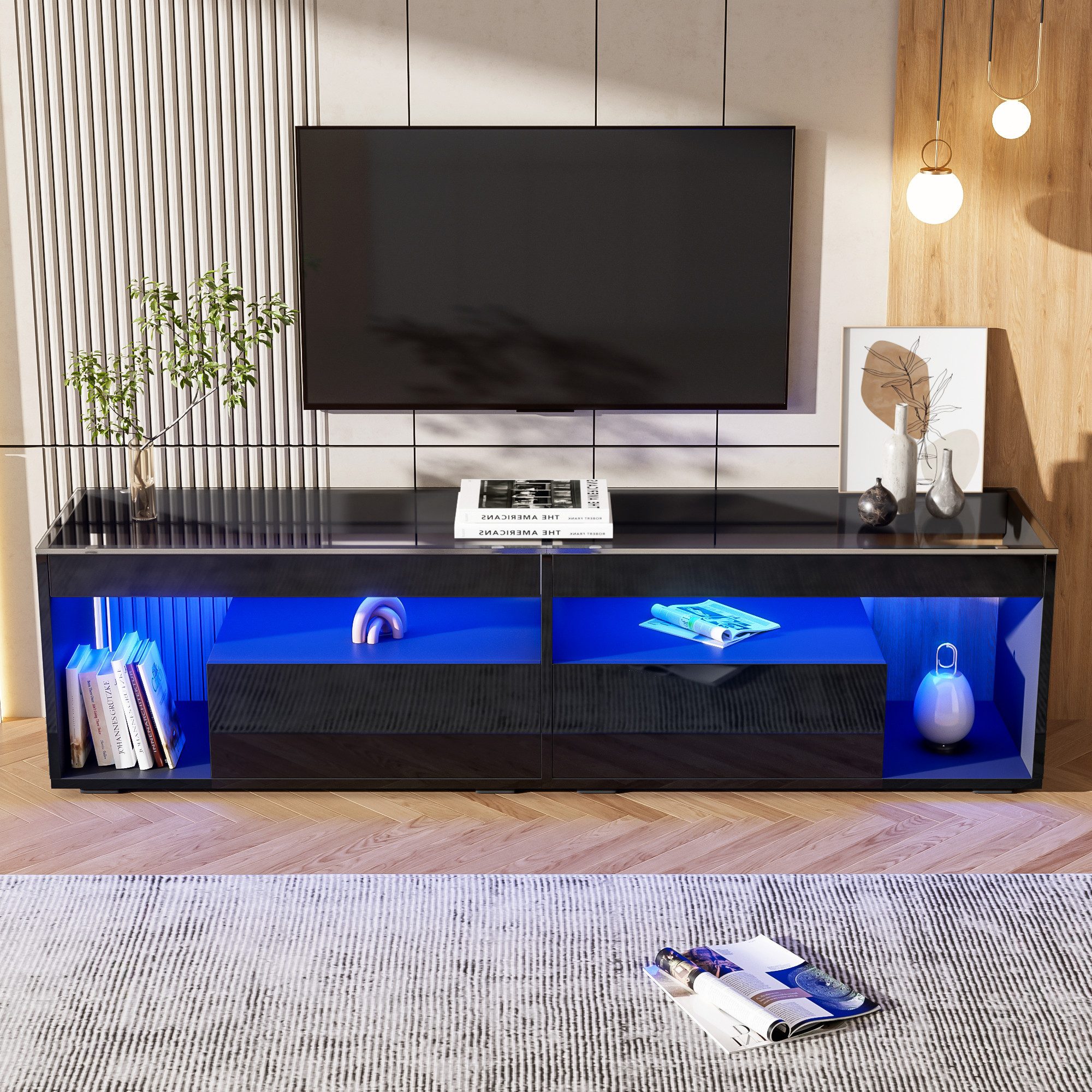 KLAM HOME Lowboard LED TV Lowboard Mit Dimmbarer Beleuchtung Für 70 Zoll (Hochglanz Schwarz TV Schrank Mit Zwei Schubladen), Modernes Entertainment Center Mit Viel Stauraum
