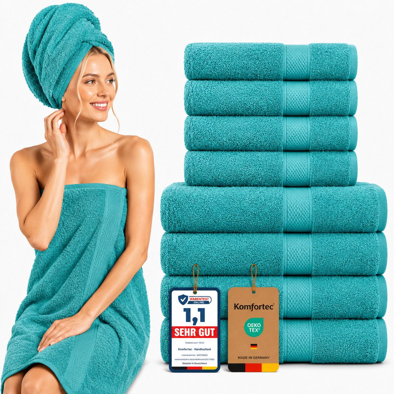 Komfortec Handtuch Set 8x Handtuch & Badetuch Set - 4er 50x100 + 4er 70x140 cm, Frottee (Set, 8-St), 100% Baumwolle, 470 g/m2, mit Bordüre, Weich & Saugstark