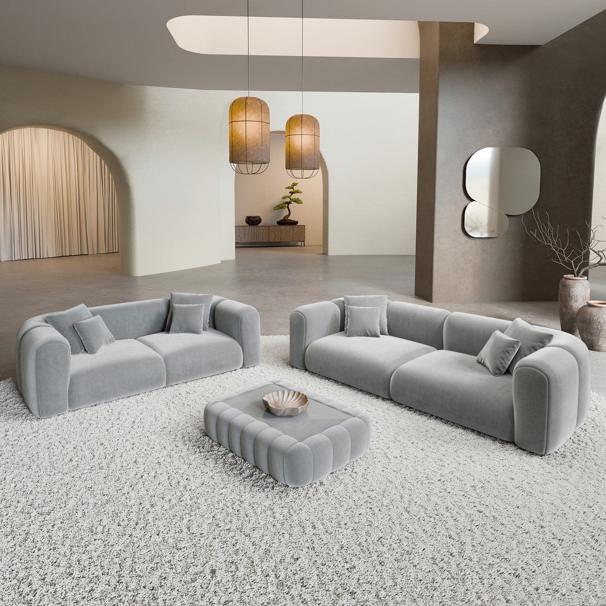 Sofa Dreams Polstergarnitur Venturia 3er & 2er Couchgarnitur, (Sofa-Set, 2 Teile, Couchgarnitur, inkl. Zierkissen), 3-Sitzer, 2-Sitzer Sofagarnitur, Lounge, Samtstoff Bezug in Hellgrau