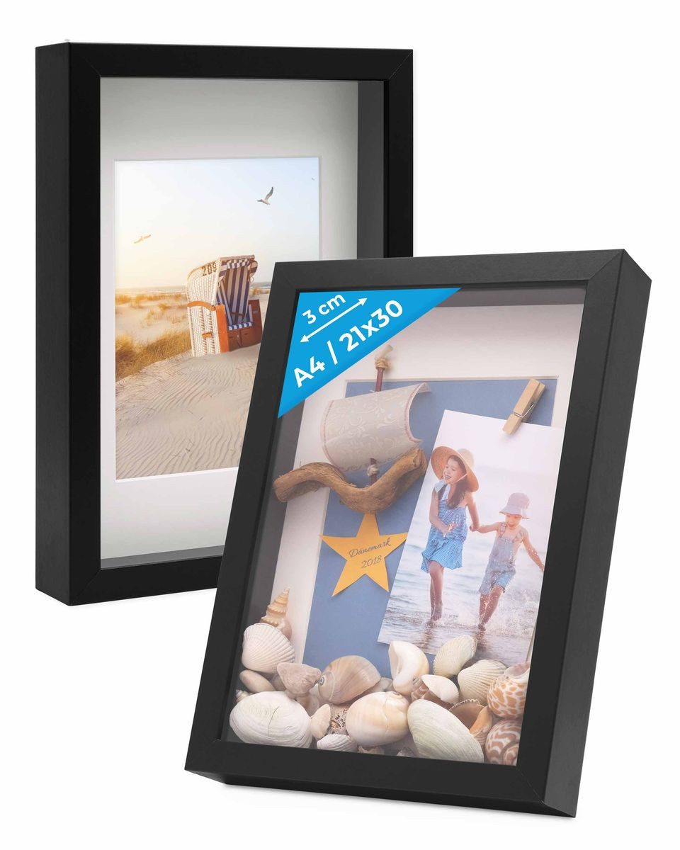 PHOTOLINI Bilderrahmen 2er Set 3D-Objektrahmen tief zum Befüllen mit Glasscheibe, für 2 Bilder (2er Set), tiefe Rahmen A4 21x30 cm mit Passepartout für Objekte bis 3 cm Tiefe