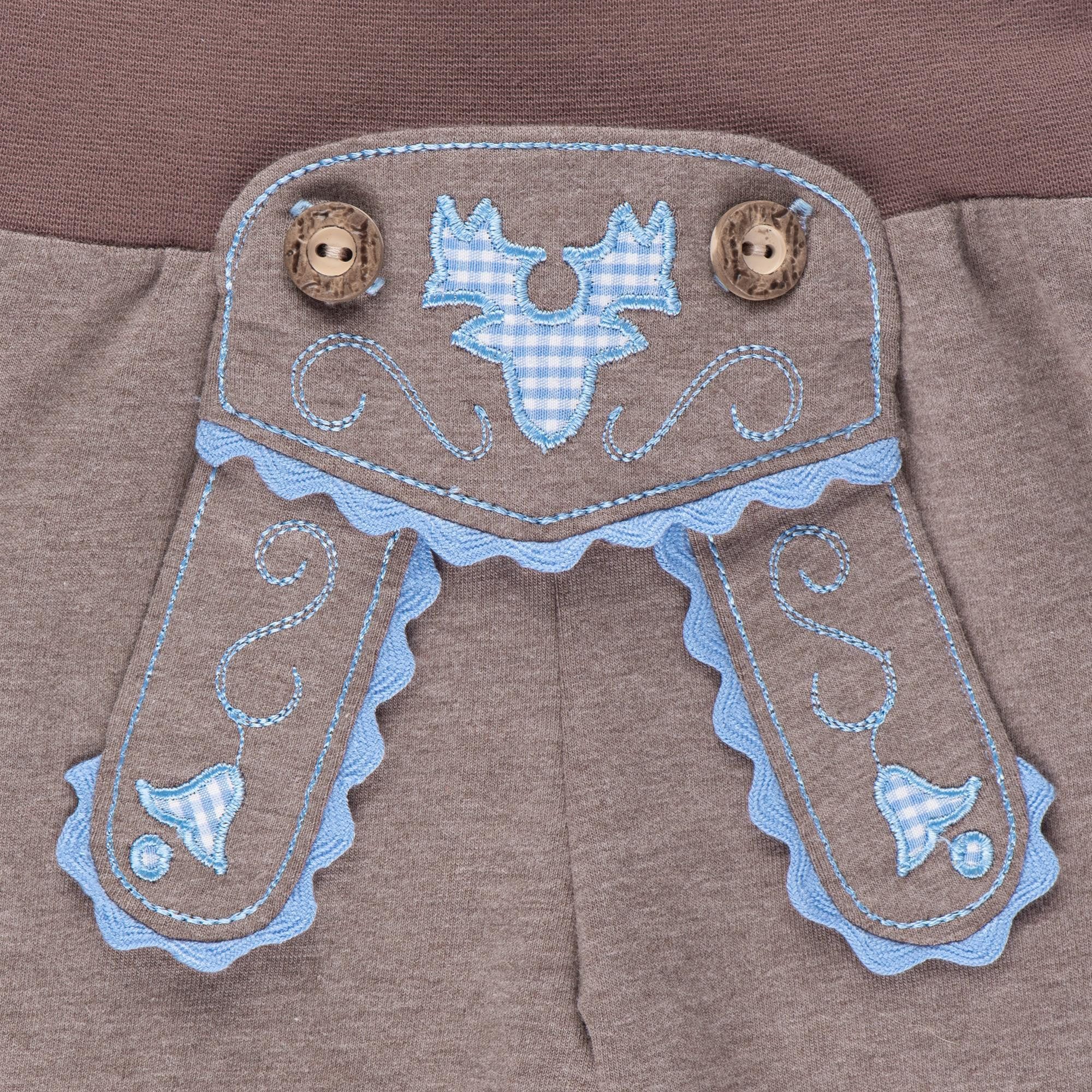 P.Eisenherz Kurzarmbody Babyhose im Lederhosenstil mit hellblauer Stickerei mit elastischem Hosenbund