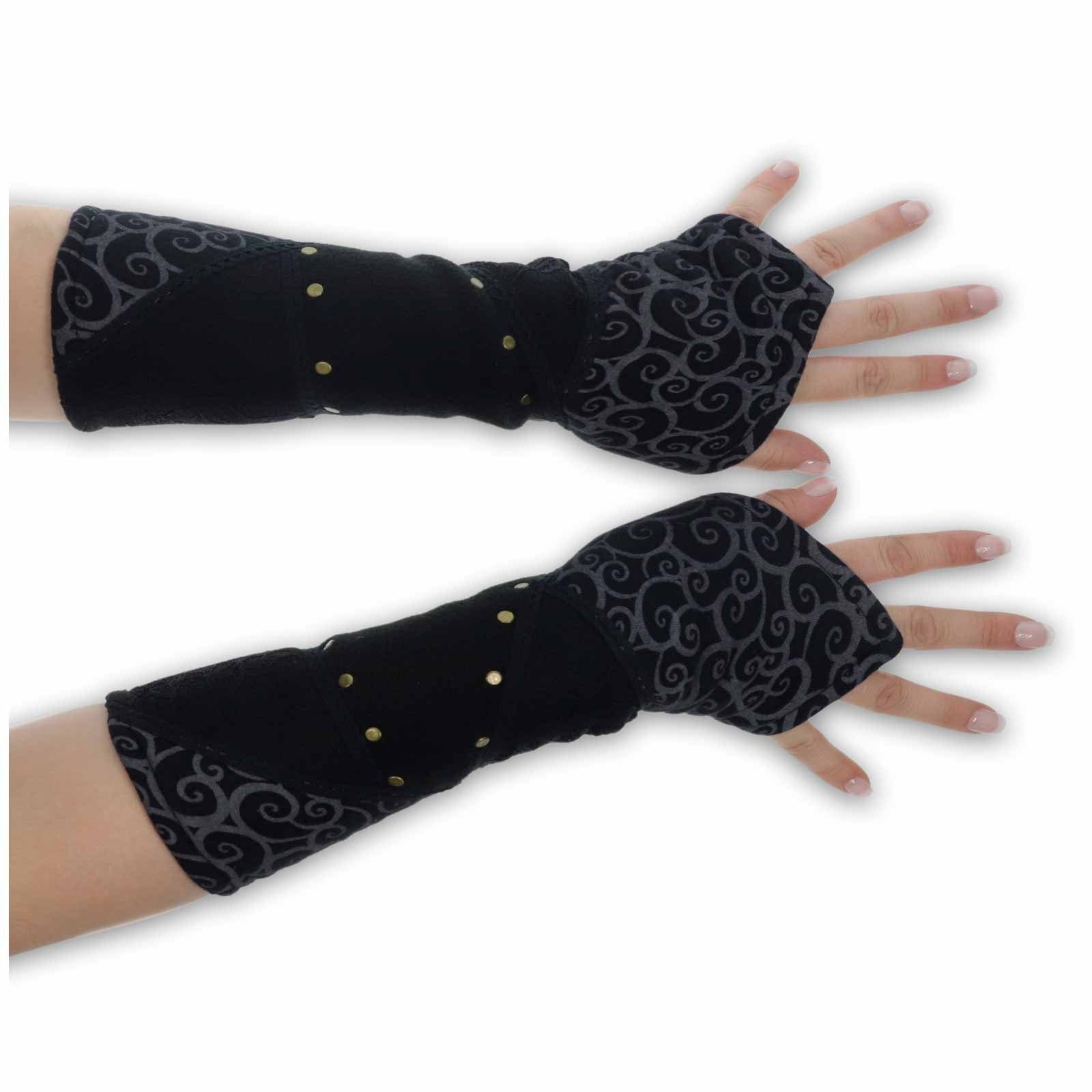 Damen KUNST Boho UND Handschuhe Stulpen Armstulpen / Schwarz Kunst&Magie Fleece Armstulpen Handwärmer Black MAGIE