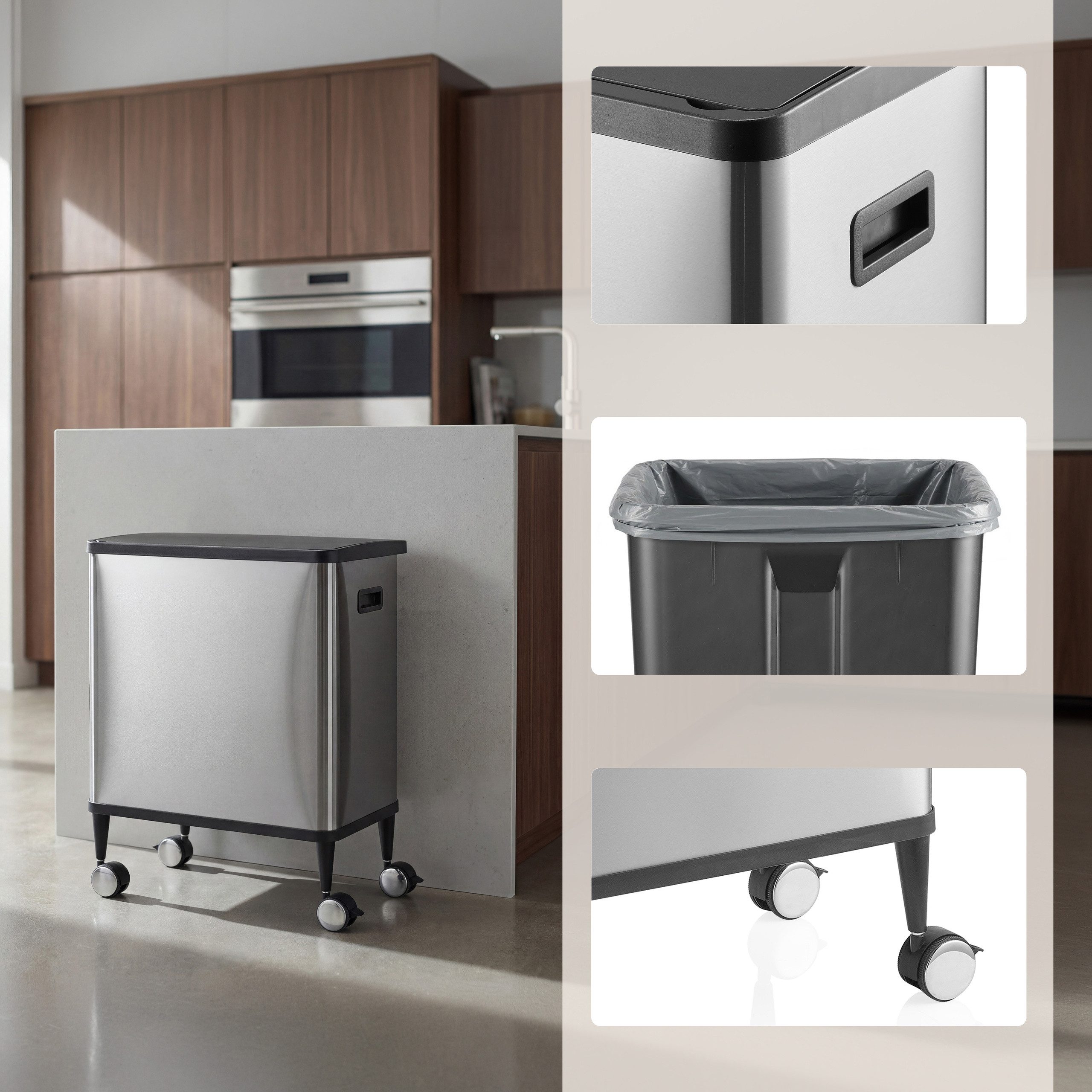 hjh OFFICE Mülleimer Mülleimer Clean Mobile Edelstahl, Mülltrennsystem 2 Fächer mit Rollen, Sensor Deckel, luftdicht, 48L