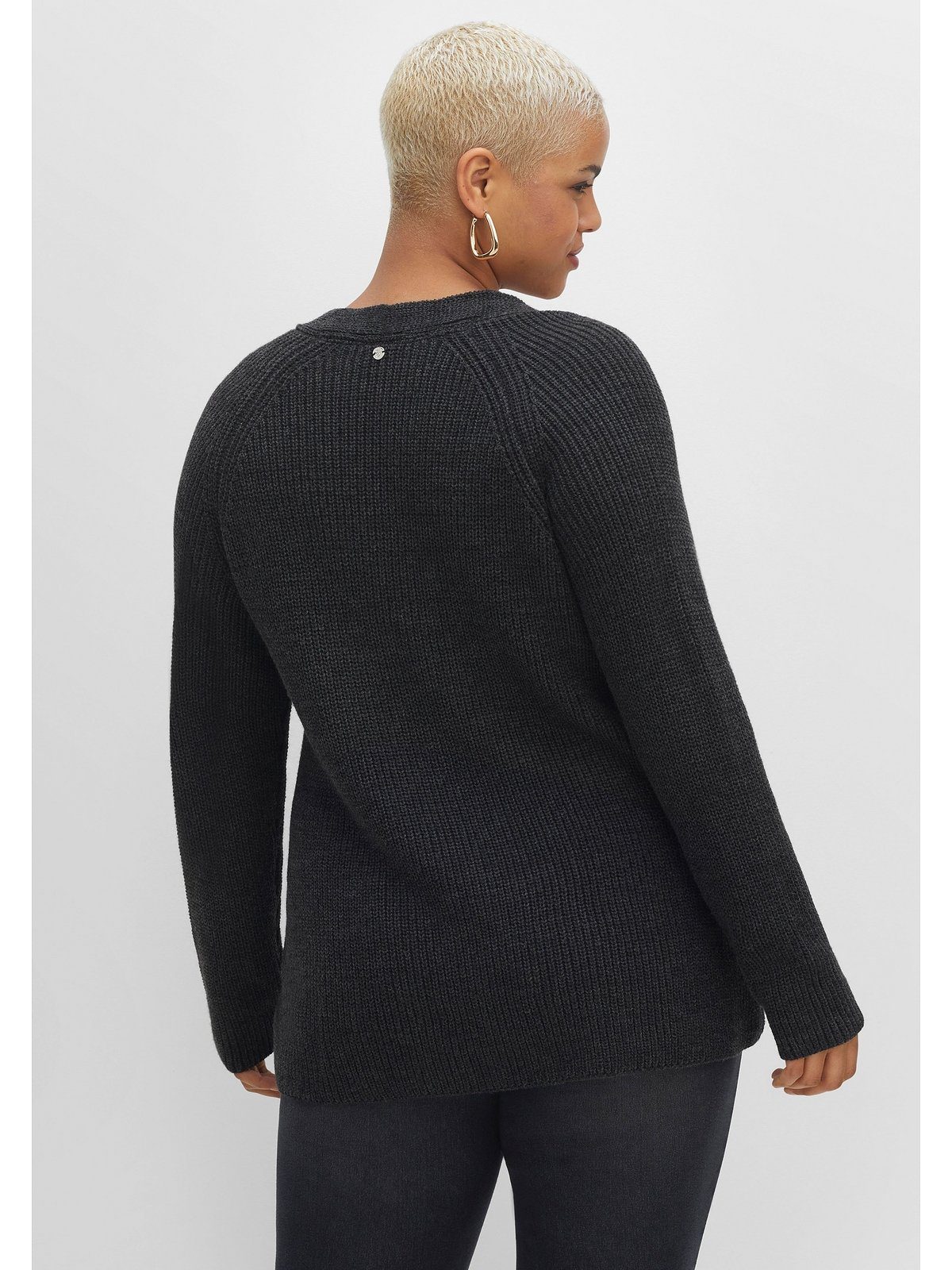 Sheego Große in V-Ausschnitt-Pullover Größen Kaschmir, meliert mit schwarz A-Linie leichter