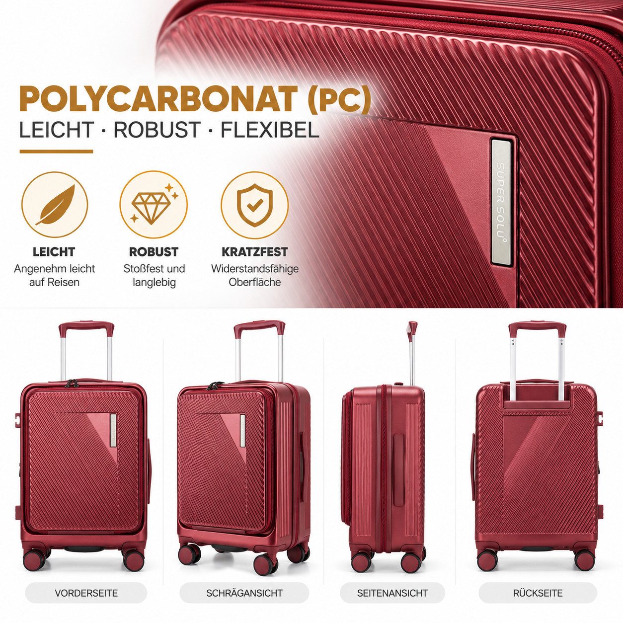 Super Solu Handgepäck-Trolley Hartschalenkoffer 55cm PC erweiterbar mit Frontöffnung & Laptopfach, 4 Rollen, Reisekoffer mit TSA-Schloss & 4 x 360° Doppelrollen – Bild 2 von 5