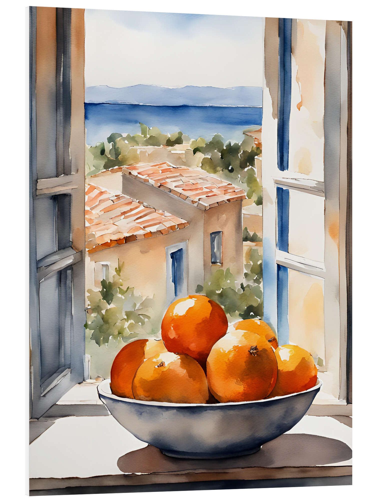 Posterlounge Forex-Bild Ohkimiko, Orangen in Schale mit mediterraner Aussicht, Mediterran Malerei