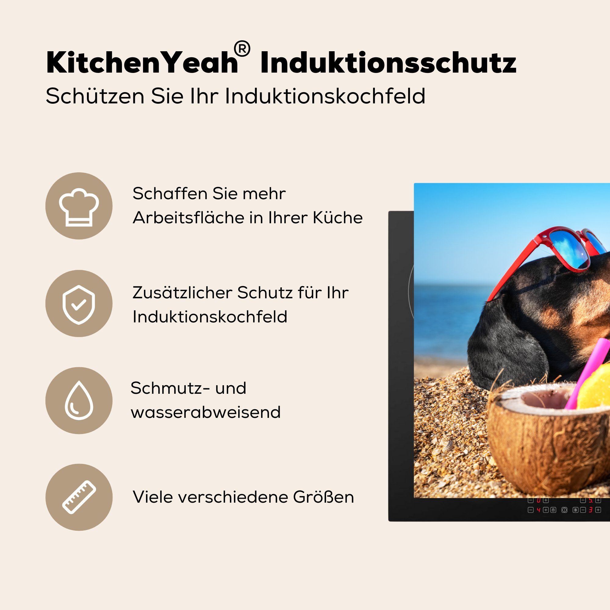 Vinyl, Schutz für Induktionskochfeld küche, Herdblende-/Abdeckplatte die Ceranfeldabdeckung Sonnenbrille Sommer, - Strand (1 cm, 81x52 - - Hund tlg), MuchoWow