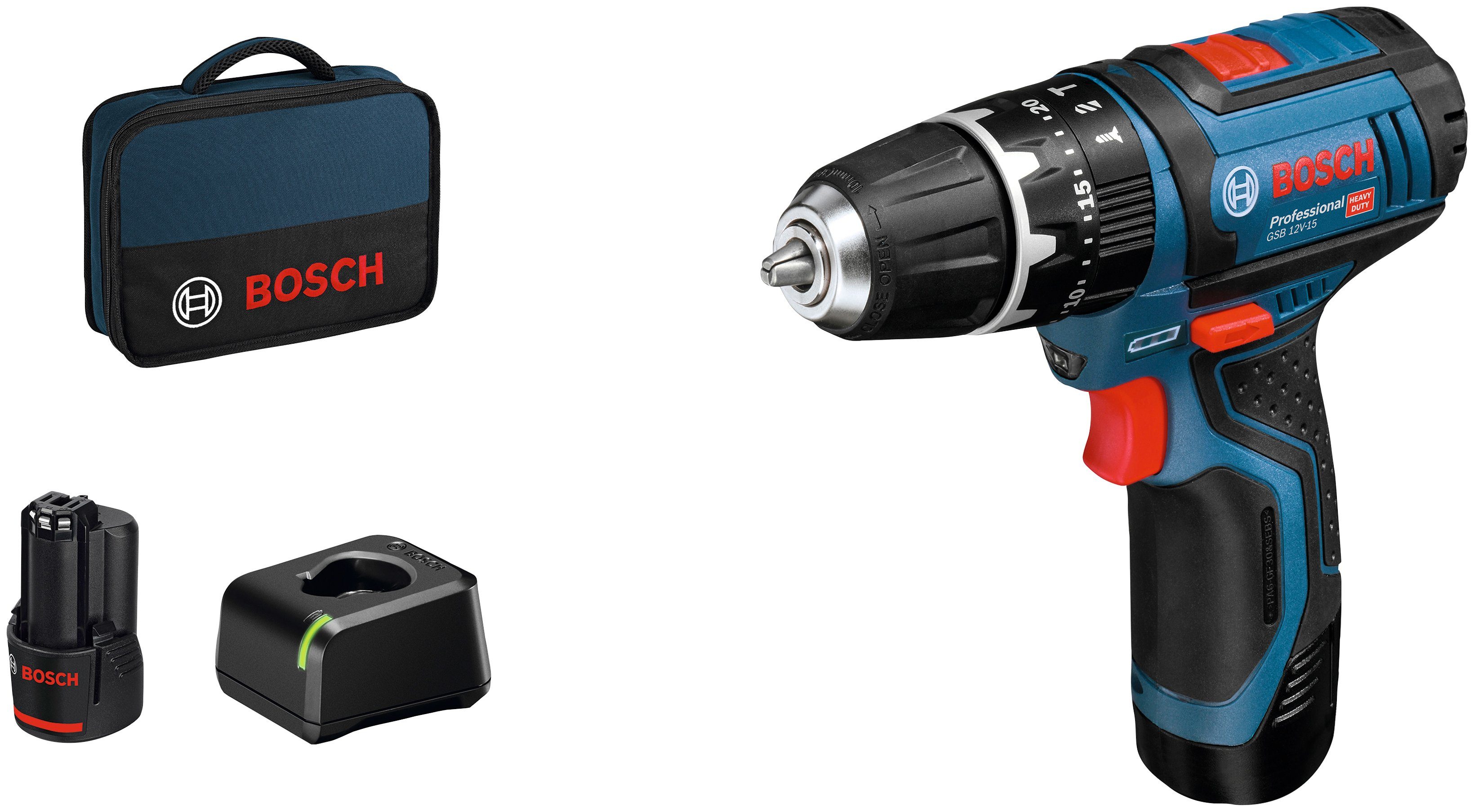 Bosch Professional Akku-Schlagbohrschrauber GSB 12V-15, (Set), inkl. 2  Akkus und Ladegerät, Praktisches LED-Arbeitslicht und  Batterie-Ladezustandsanzeige