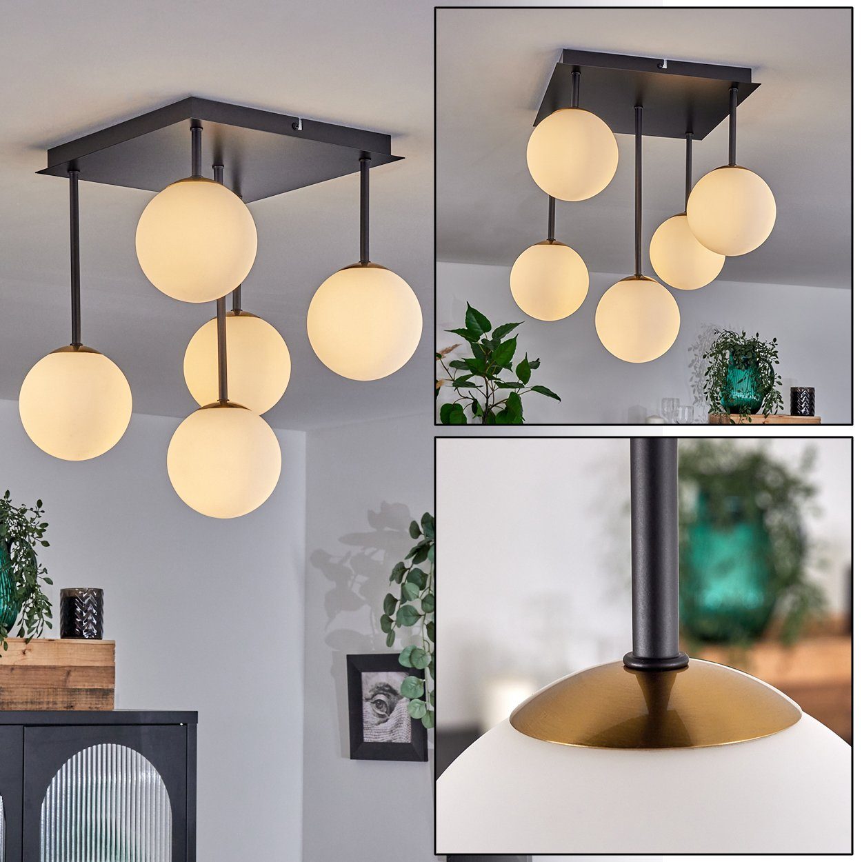 hofstein Deckenleuchte Deckenlampe aus Leuchtmittel ohne Leuchte ohne x aus Metall/Glas im Retro-Design Leuchtmittel, Glas, LED, G9 Schwarz/Goldfarben/Milchglas, 5 in