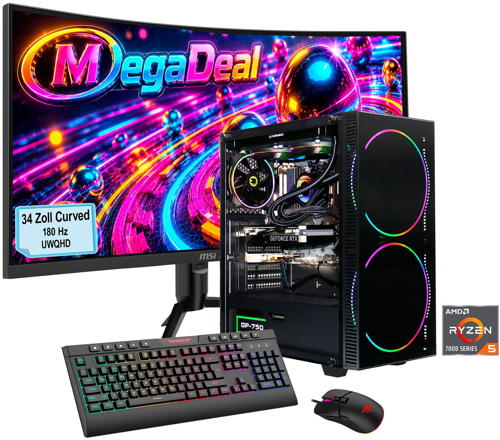 GAMEMAX MegaDeal Black Hole 2839 AMD Ryzen 5 7500F 32GB DDR5 1TB SSD RTX 5070 Gaming-PC-Komplettsystem (34", AMD Ryzen 5 7500F, RTX 5070, 32 GB RAM, 1000 GB SSD, Windows 11, DDR5 RAM + MSI MAG 342CQR E2 Curved Monitor 86cm (34)