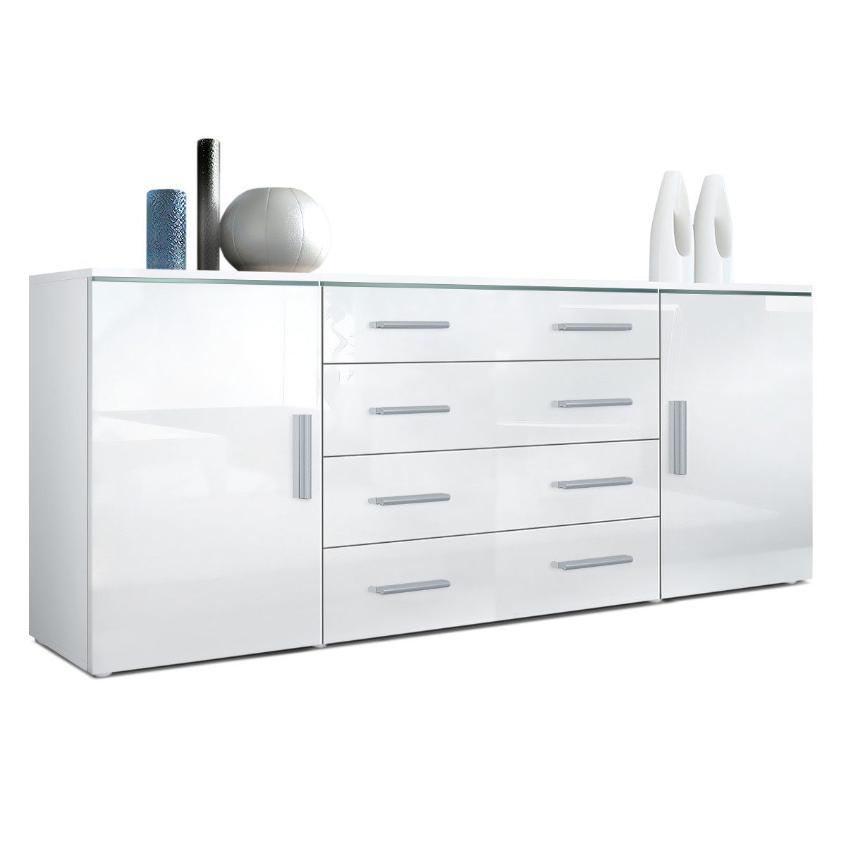 Vladon Sideboard Faro (Kommode, mit 2 Türen und 4 Schubladen), Weiß matt/Weiß Hochglanz (166 x 72 x 35)